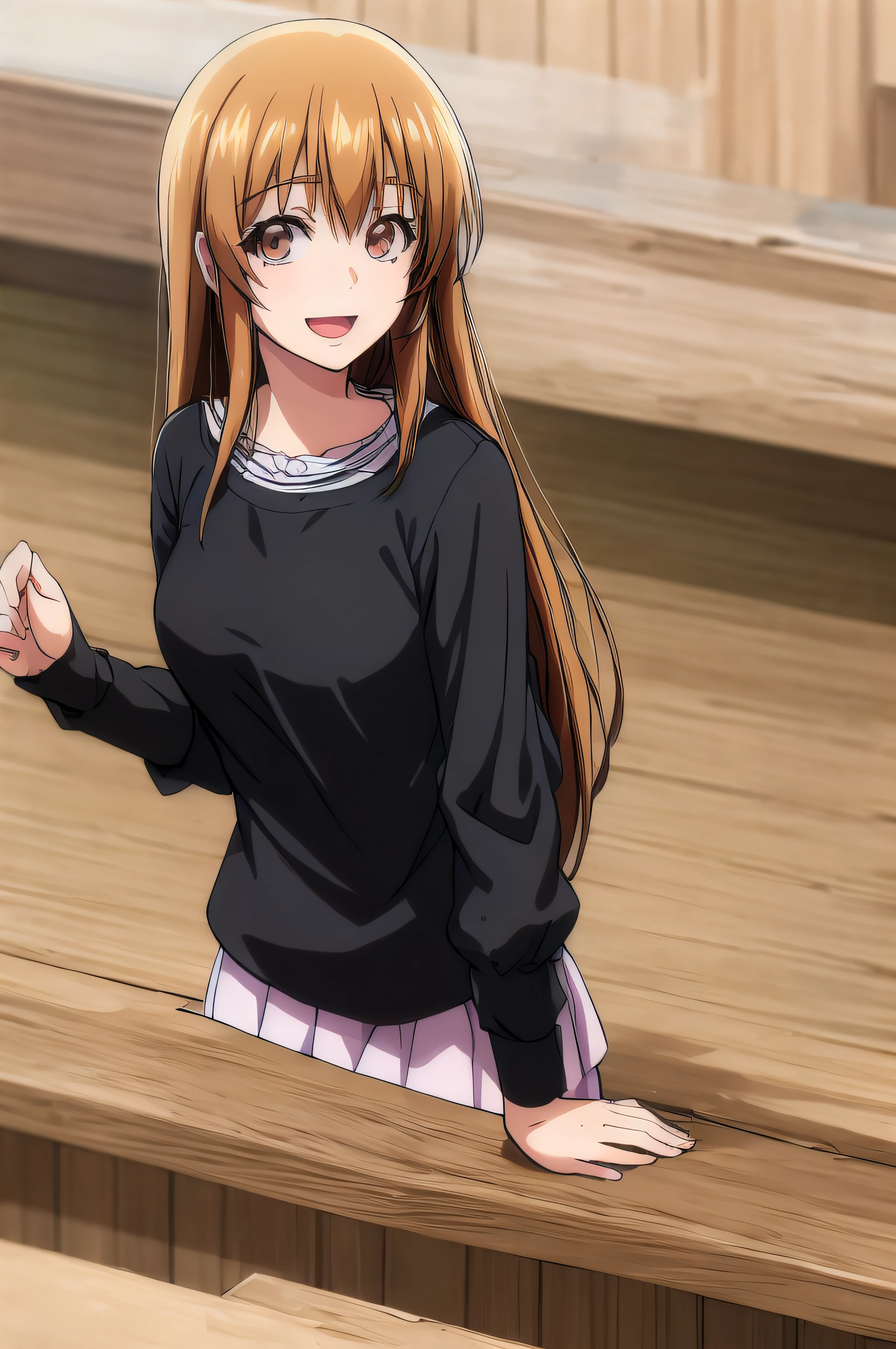 best quality, (masterpiece:1.2), highly detailed, shop, indoors, 1girl, kotegawa nanaka, looking at viewer, slight smile, open mouth, brown eyes, brown hair, long hair, black shirt, elbow sleeves, pink skirt, miniskirt