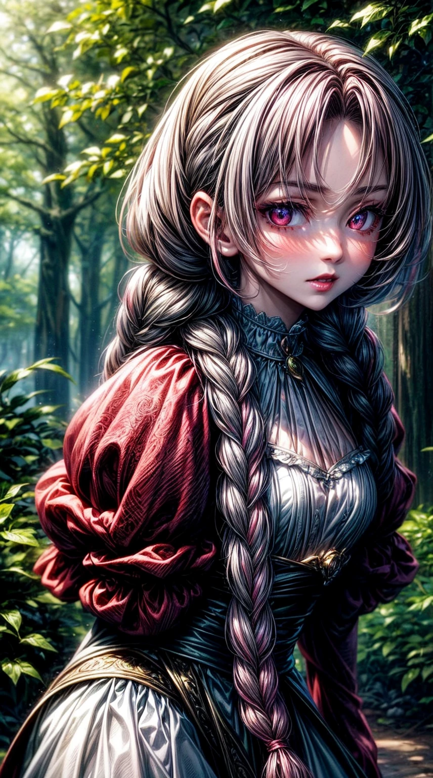 (masterpiece), best quality, expressive eyes, perfect face, upper body, beautiful face, mature woman, focused, beautiful eyes, crimson eyes, medium silver hair, small braids, elegant dress, magical forest background, front view, close up, pink lipstick, pink blush