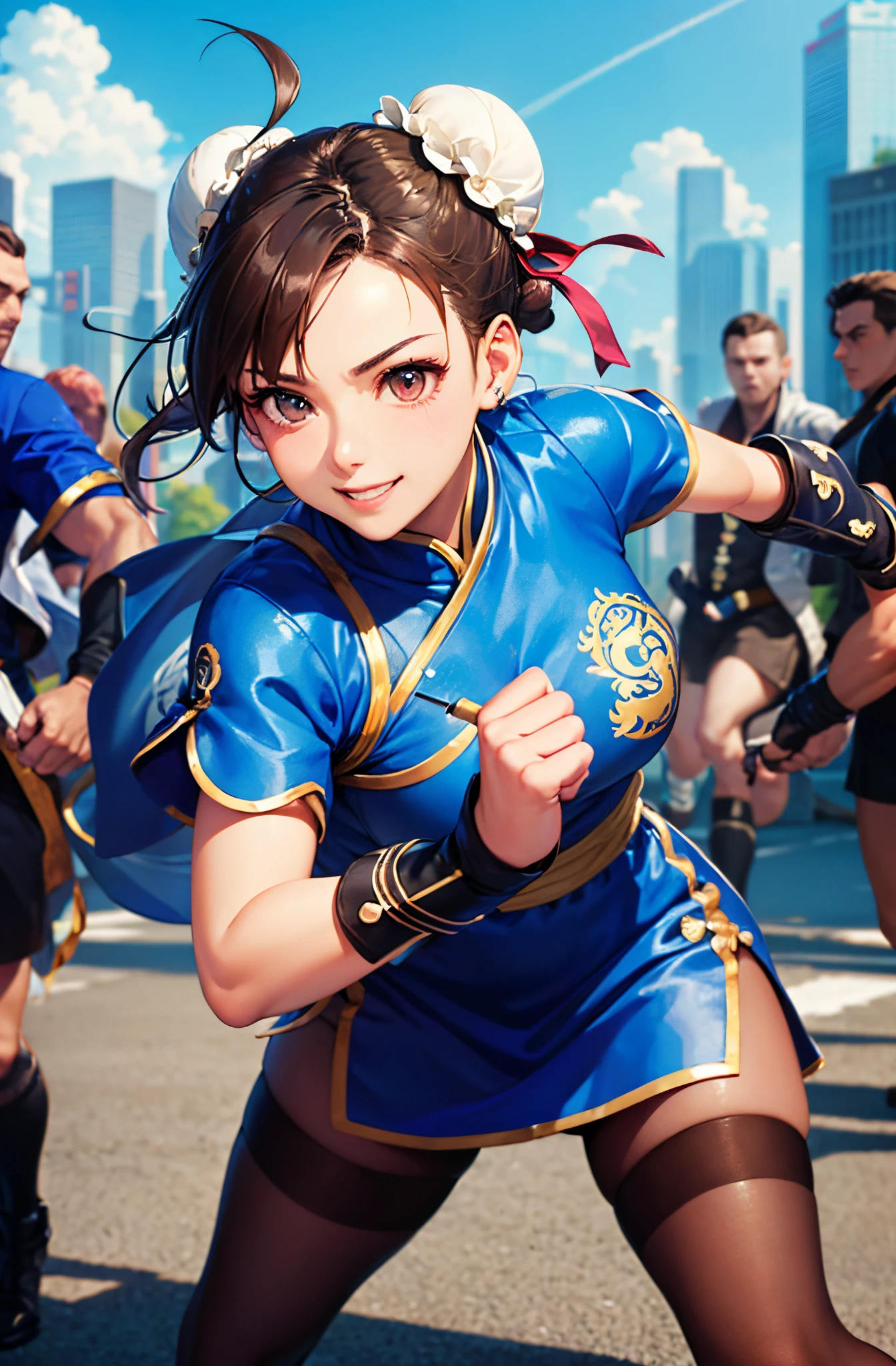 (top-quality:1.5)、(16k wallpaper:1.2)、(Photorealsitic:1.2)、(ultra-detailliert:1.2)、(超A high resolution:1.2)、super-detaild skin、Detailed and clean eyes、Tsuriformes、Beautiful eyeshadow、(surrounded by male fighters:1.4)、(A city scape:1.3)、ChunLi、Japan 18-year-old woman、Natural Color Lip、large full breasts、Bun hair、Cute smile、fighting poses、Brown stockings、Clean five fingers