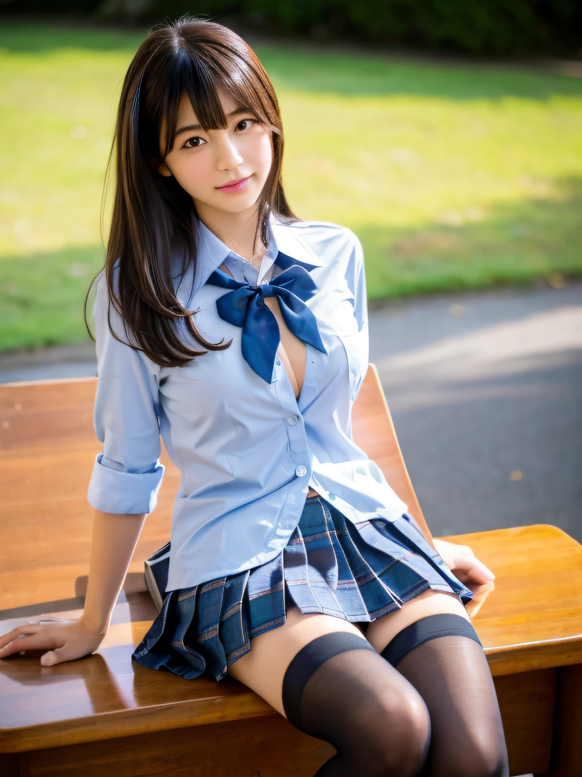 Arafed asian woman in a blue shirt and skirt sitting on a bench - SeaArt AI