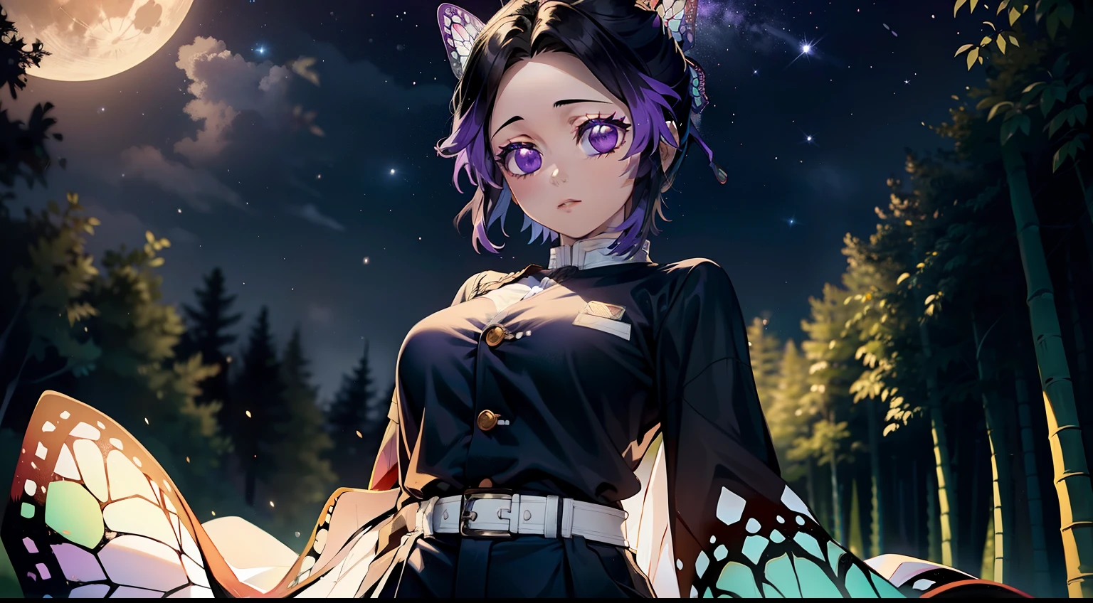 Masterpiece, Best Quality, hight resolution, 1girl, 独奏, Kocho Shinobi, Master Parts, beste-Qualit, supreme, 1girll, In the bamboo forest，There is a huge bright moon in the background, Kochou Shinobu, large butterfly clip in hair, butterfly hair jewelry, violet eyes, multi-colored hair, Short hair, Separate lane, haori, White Japanese cloak, Longer sleeves, black pantsuit, black jacket, belt, Character looking at camera，Decorate your hair with a bow tie, violet eyes, multi-colored hair, Short hair, Parted bangs, Black pants, black jacket, long sleeves, belt, Cowboy shot, in the woods, Looking at the starry sky, Close your mouth, Night with countless stars, the Milky Way