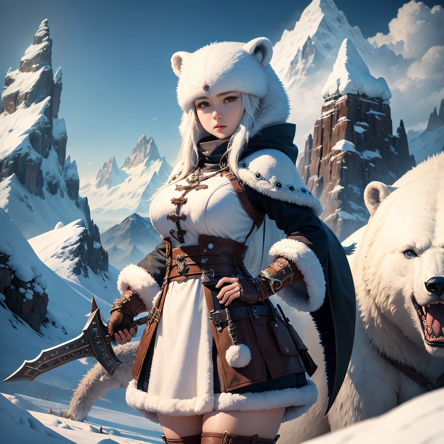 (Ultra detailed), (masterpiece), (best quality), (very detailed CG unit 8k wallpaper), white lioness, scar over eye, smirking, hair tied back, undressed, breasts, shapely body, beautiful feminine face, poised, crouching, holding sword, snowy terrain in background, cinematic, highly detailed, stylized wallpaper