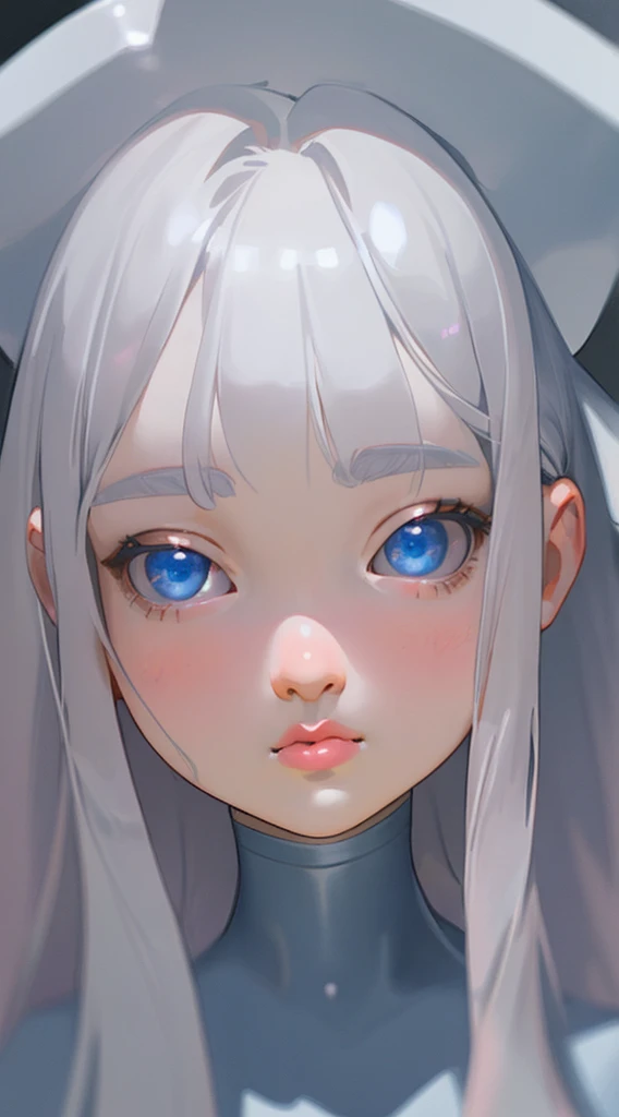 detail、Realism、in a 4k、13-year-old girl、Bust 140cm、Slender body、Face Detail、Long silver hair with volume、big blue eyes、Upturned nose、Plump pink lips、fullnude、full-body view