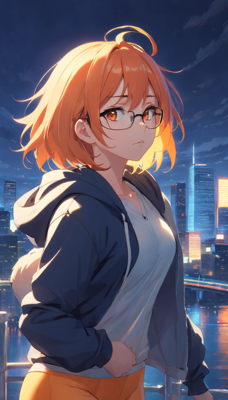 masterpiece、top-quality、Movie stills、1 female、Orange hair、Colossal tits、Huge ass、Fitting black leggings suit、yellow eyes、thick thighs、Long wavy hair、wide hips、Thigh muscles、Strong thighs、White hoodie 、(Spark:0.7)、eye glass