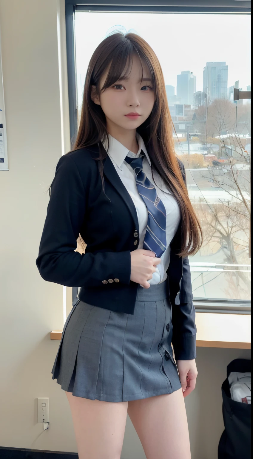 mix4, (16 K, Raw photography, Top image quality, masterpiece: 1.45), (realisitic, Photorealsitic: 1.37), Tall Girl, cute little, A city scape,, profetional lighting, photon maping, school classrooms, physically-based renderingt, dark brown hair,pony tail hairstyle, Well-groomed and beautiful eyes、((二重まぶた))、Transcendent Cute Girl, (((student clothes、blazers、Long sleeve shirt worn by Japan high school girl、Ribbon Ties、Dark blue mini skirt,、Dark blue socks、Black loafers))), Top Quality Photos, hight resolution, 1080p, (clearface), (Detailed face description), (Detailed hand description), (masterpiece), (Exquisite CG)、extreme light and shadows、dishevled hair、master work、abundant detail、(Fine facial features)、(top quality photo)、(masuter piece)、(A detailed eye)、Look in front of you、Fine clavicle、((Slender big))、(((Japan schoolgirls wear jackets and long-sleeved shirts)))、((Neat and clean idol))、((School Gate、school ground、School building in the background))、(Shooting from random perspectives)、(((cute like an idol)))、耳Nipple Ring、A big smile、Drawing the whole body from the knees、Do not draw nasolabial folds、(((Sports bags used by Japan schoolgirls)))、(Big breasts that hang down big:1.2)、Big buttocks with tension、Two arms and two legs、(((from the front side:0.7)))、bare hand、(((Left and right symmetrical eyes)))、Standing Pose、Put your hands on your desk、Do not take the tie out of the jacket、Raise your buttocks:1.5,barebacked:1.5,