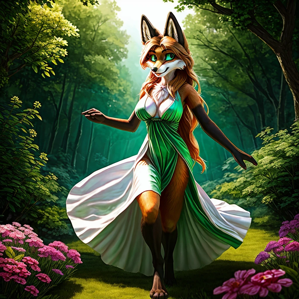 Realistic fox, woman's, Werefox Cub, handsome body, Good Quality, superb quality, 4k, Neat Body, Neat eyes, Neat limbs, Sensual, Detailed, Beautiful and detailed full-length portrait of a fox, chest medium, Protruding Breasts, green colored eyes, wears white panties, wears a white light green summer long dress, in nature, Flower glade,