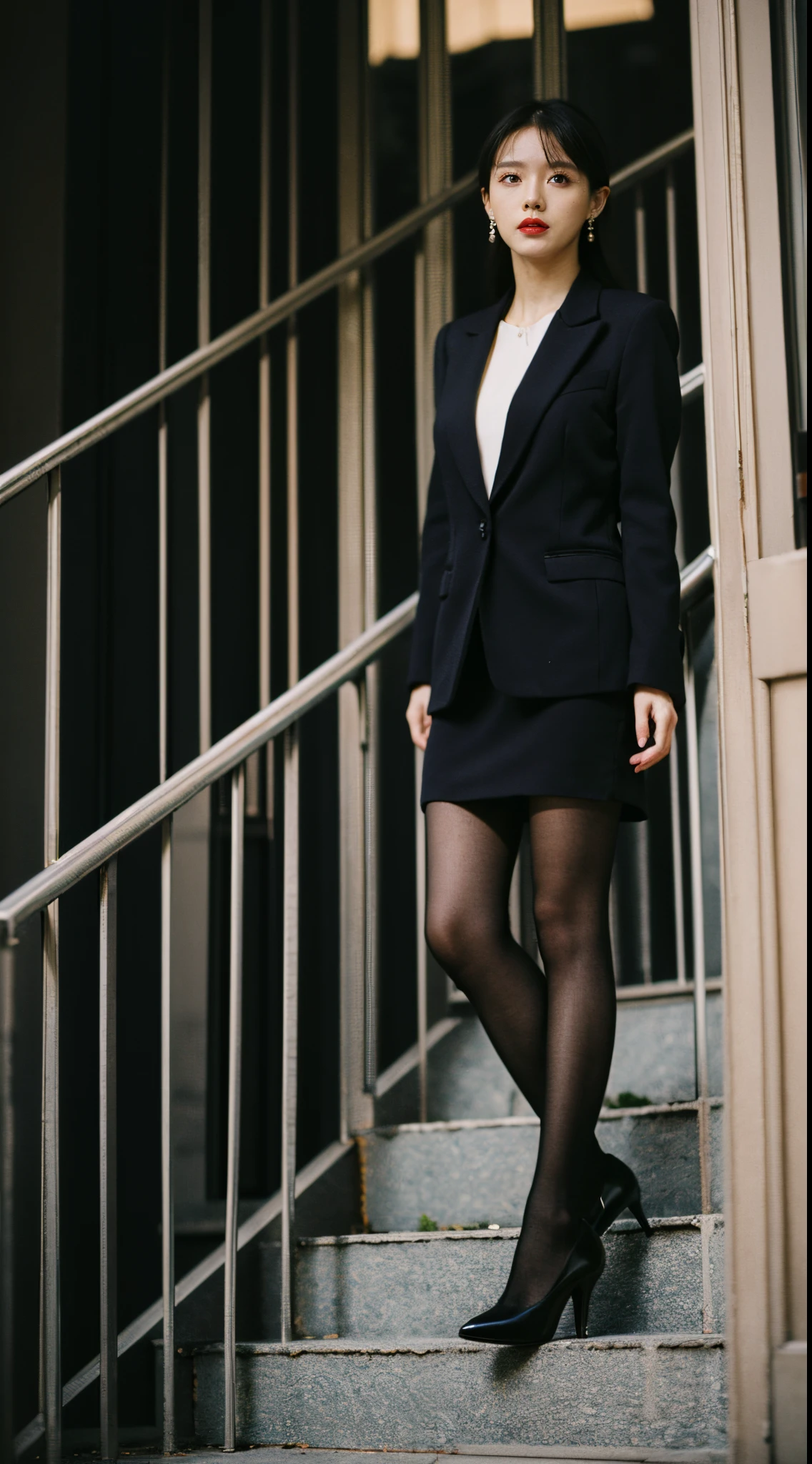 Best quality at best,tmasterpiece,超高分辨率,(realness:1.4),RAW photogr,Cinematic texture,1 beutiful girl,Gray slim fit short blazer,Black dress inside,black lence stockings,high-heels,Metal earrings,Standing casually on the stairs outside the house,legs long,good body