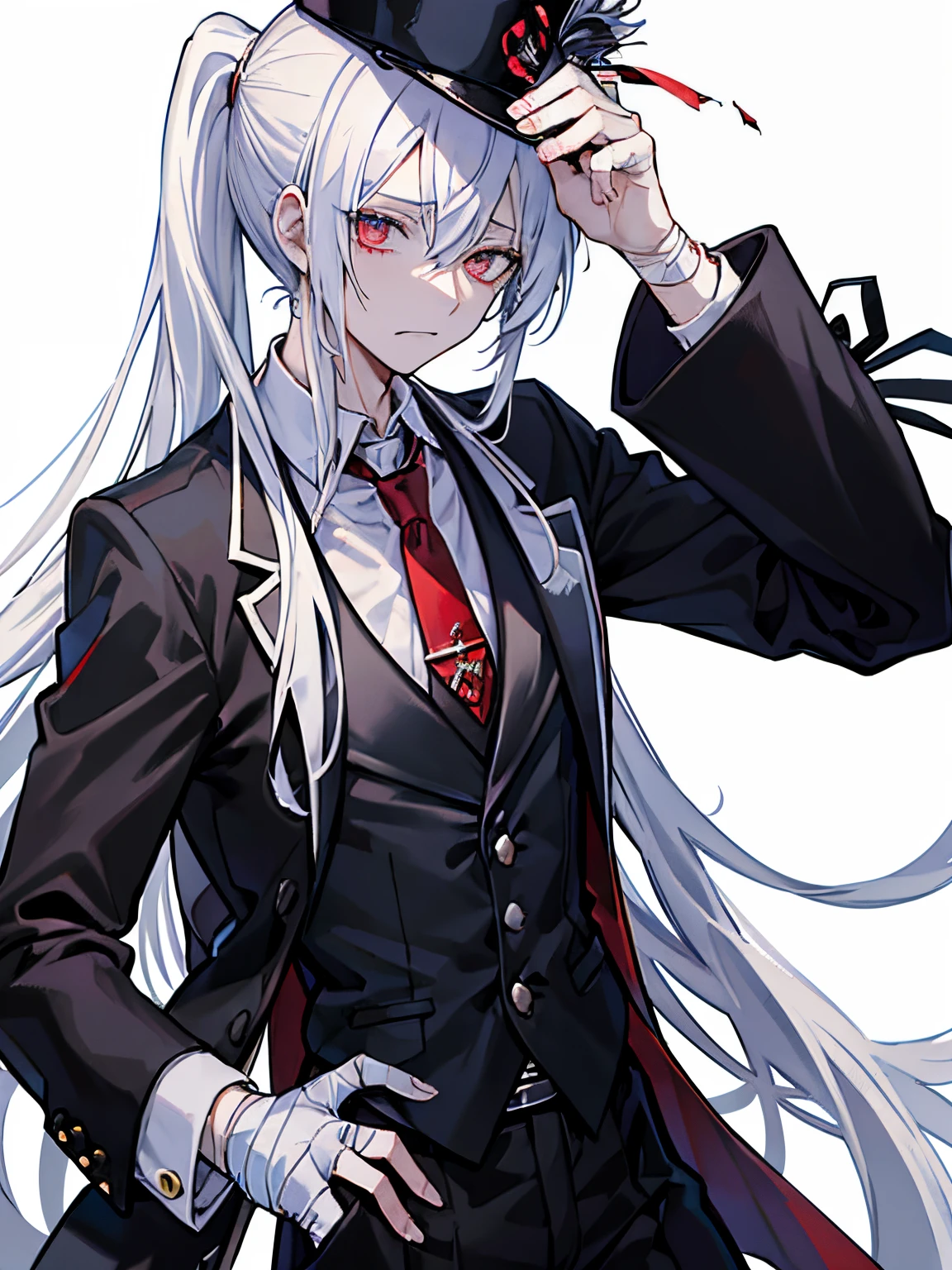 (masutepiece)(high-detail)male in his 20s、white hair、poneyTail、tailcoat、neck tie、Hats、Has an injury to the arm、Clothes are slightly torn、Somewhat bloody、bandaged、grim facial expression、Decadent atmosphere