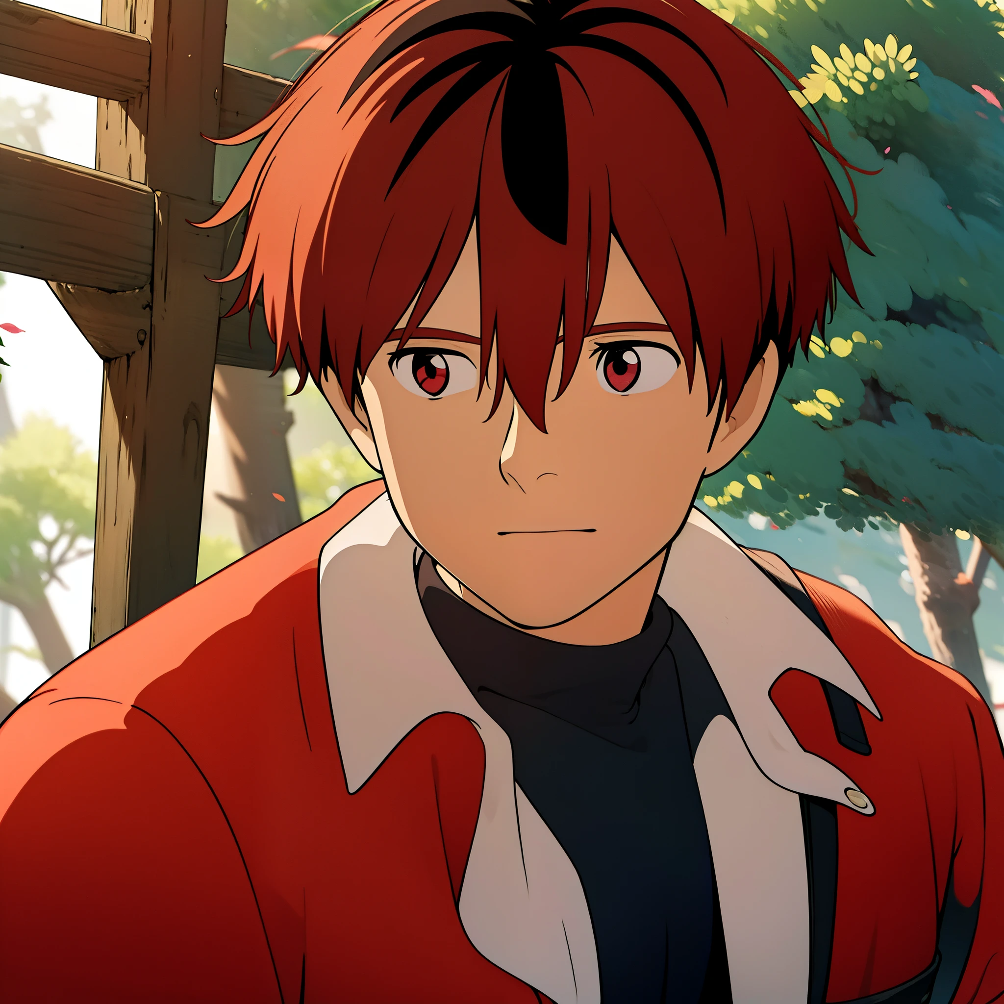 absurdres, 1boy, solo, StarkFrieren, red jacket, black shirt, white sash, black pants, bandages, gloves, outdoors, forest, miyazaki hayao, ((masterpiece)), (extremely detailed CG unity 8k wallpaper), best quality, cinematic lighting, detailed background, beautiful detailed eyes, (an extremely delicate and beautiful), (Beautiful and detailed eye description), ultra-detailed
