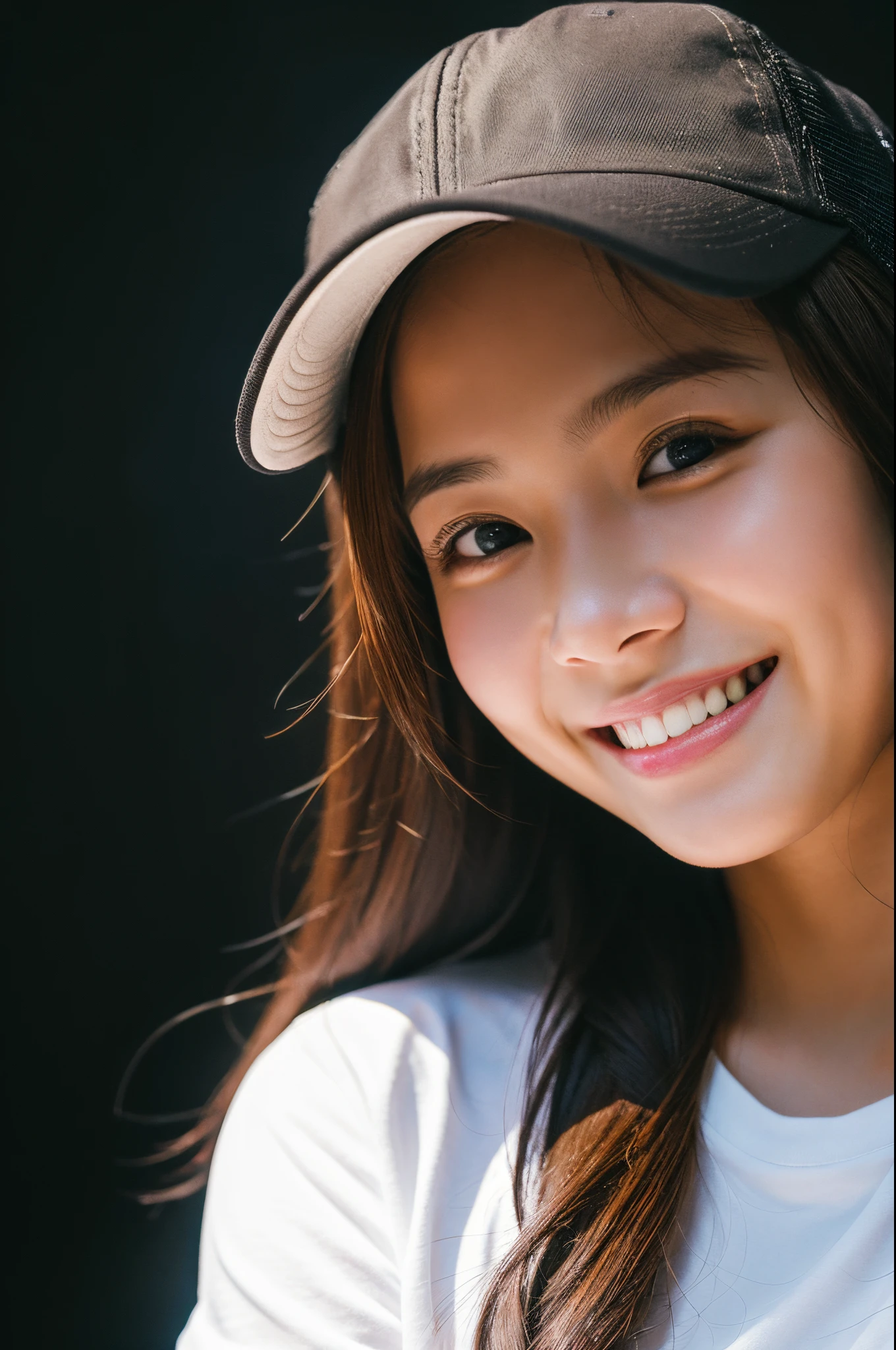 Photorealistic, Best Quality, Hyper Detailed, Beautiful woman, selfie photo, Upper body, Solo, wearing white shirt, wearing white trucker cap, ecommerce, (dark background), (Outstanding smile、A brown-haired、18 years old、Cheerful, Happy), flash lights, dark background, analog style, Looking at Viewer, Skin Texture, Film grain, close up, 超A high resolution, Best Shadow, raw, Instagram LUT, Pinay, Filipina woman, smiling