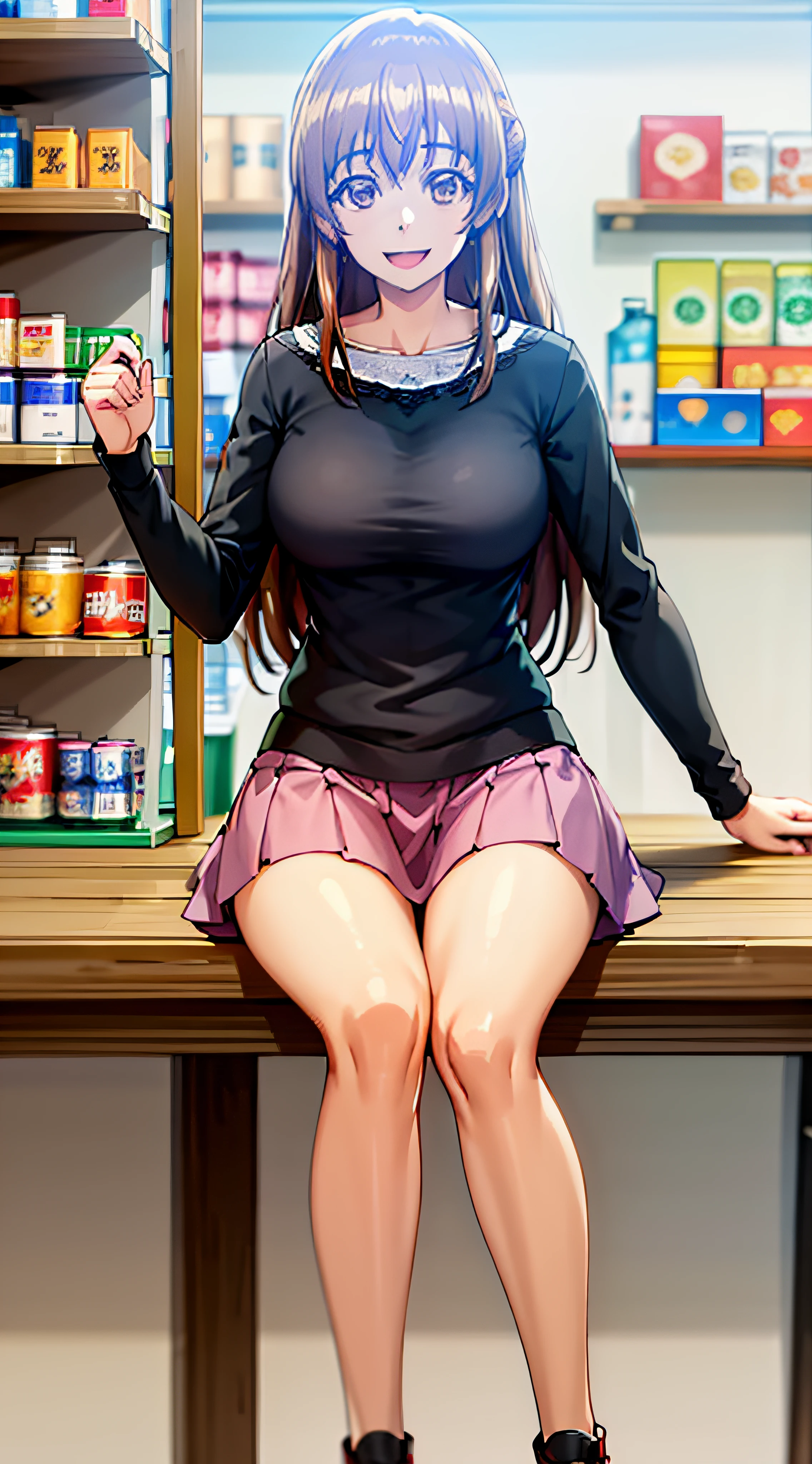 best quality, (masterpiece:1.2), highly detailed, shop, indoors, 1girl, kotegawa nanaka, looking at viewer, slight smile, open mouth, brown eyes, brown hair, long hair, black shirt, elbow sleeves, pink skirt, miniskirt, footjob