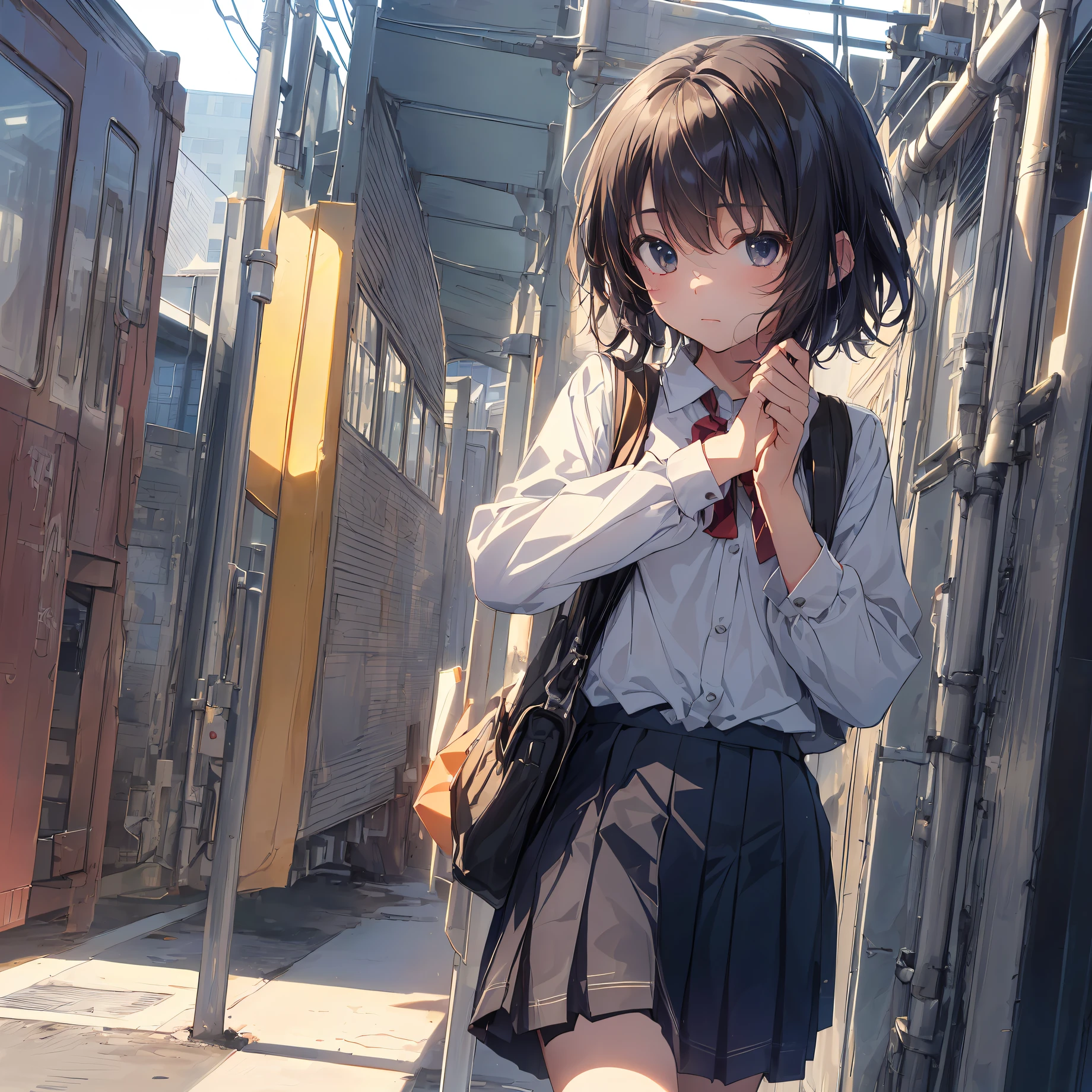 ((top quality, shinkai makoto style,ultra-detailed,high resolution,extremely detailed CG,unity 8k wallpaper, by famous artist, perfect anatomy, super detailed skin, cinematic lighting, UHD, retina, anatomically correct, 1080P)),break,(Please draw a girl walking sleepily to school. :1.3),break, 1girl, (Solo,Loli face,13-year-old:1.5),a junior high school student, androgynous charm, (Very Short hair), Full limbs, complete fingers,flat chest, Small butt, groin, Beautiful detailed black eyes, disgusted eye, school Uniform, skirt,(Detailed Lighting), (Detailed background), (in the School commute route),
