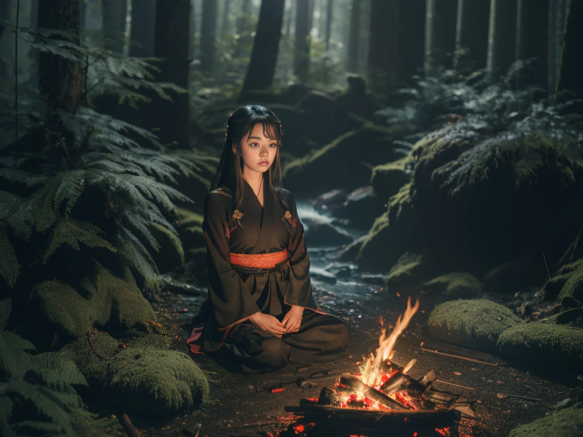 A young girl warrior in the forest, sitting beside camp fire, ((slained monster behind girl)), meat cooking in fire, (very far view), (8k, RAW photo, photorealistic:1.25), (highly detailed skin:1.2), bangs, blunt bangs, ulzzang, sad_face, ((looking at fire), Serene and goddess-like sadness, (hanfu:1.39),   more detail XL, High detailed