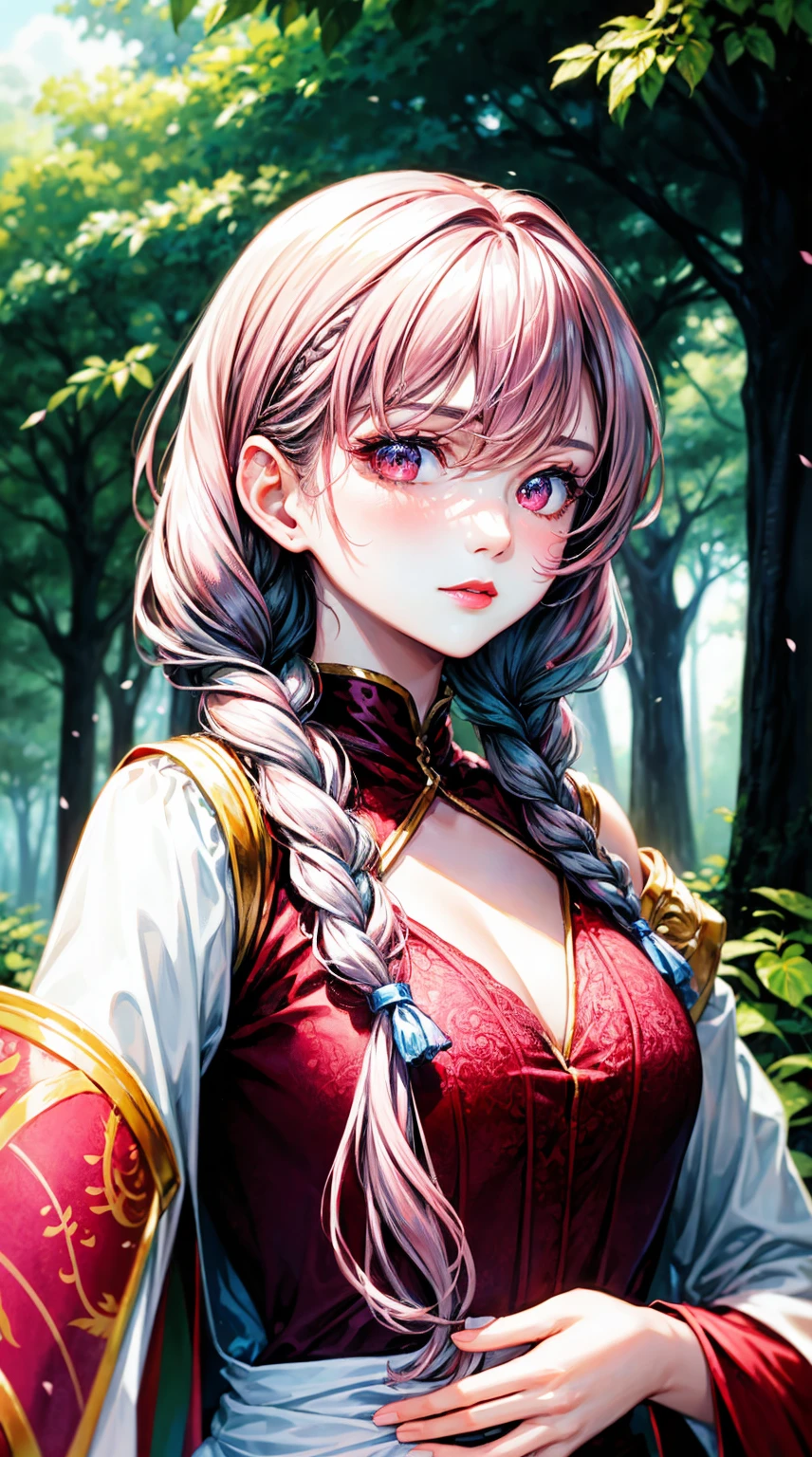 (masterpiece), best quality, expressive eyes, perfect face, upper body, beautiful face, mature woman, focused, beautiful eyes, crimson eyes, medium silver hair, small braids, elegant dress, magical forest background, front view, close up, pink lipstick, pink blush