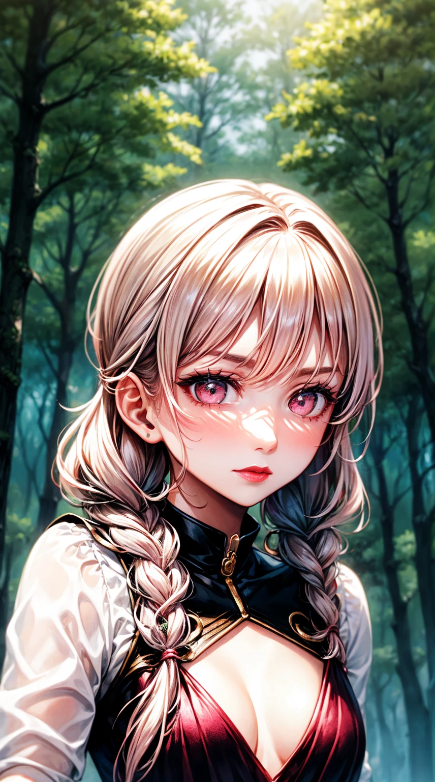 (masterpiece), best quality, expressive eyes, perfect face, upper body, beautiful face, mature woman, focused, beautiful eyes, crimson eyes, medium silver hair, small braids, elegant dress, magical forest background, front view, close up, pink lipstick, pink blush