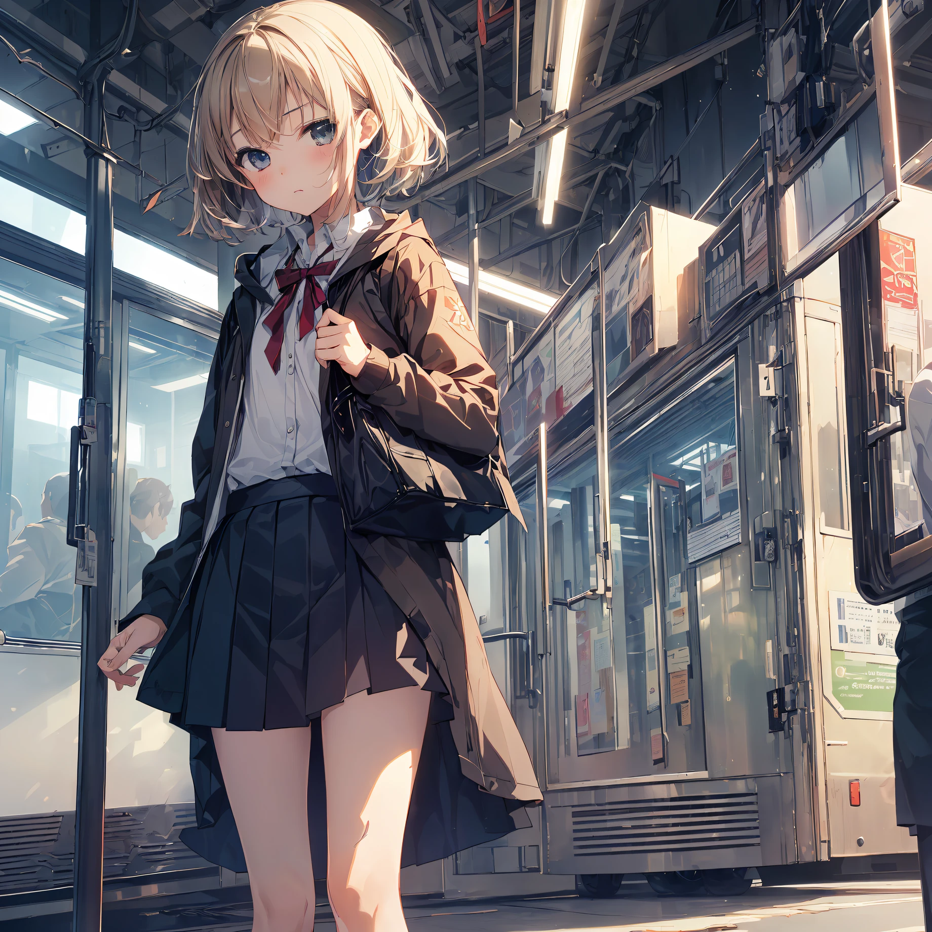 ((top quality, shinkai makoto style,ultra-detailed,high resolution,extremely detailed CG,unity 8k wallpaper, by famous artist, perfect anatomy, super detailed skin, cinematic lighting, UHD, retina, anatomically correct, 1080P)),break,(Please draw a girl walking sleepily to school. :1.3),break, 1girl, (Solo,Loli face,-yeld:1.a junior hinous charm, (Very Short hair), Full limbs, complete fingers,flat chest, Small butt, groin, Beautiful detailed black eyes, disgusted eye, school Uniform, skirt,(Detailed Lighting), (Detailed background), (in the School commute route),