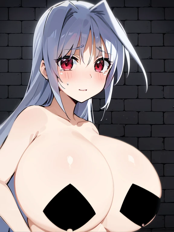 masterpiece,top-quality,reinforce eins,heroine of magical girl lyrical nanoha,1girl,solo,silver hair,long hair, outside splash hair,red eyes,beauty, very huge breasts,narrow waist,bust size is 97cm,too much exposure underwear,micro black brassiere,underwear only,restrained by chains on the bed,crying,sexy,soaked,seductive anime girl, oppai, biomechanical oppai,oppai proportions,Both hands are tied behind their backs and restrained,show oppai