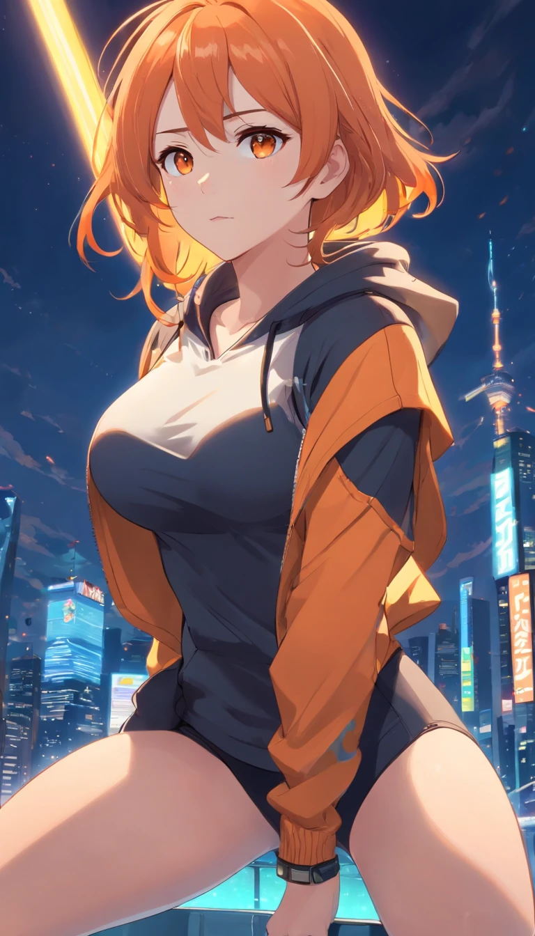 masterpiece、top-quality、Movie stills、1 female、Orange hair、Colossal tits、Huge ass、Fitting black leggings suit、yellow eyes、thick thighs、Long wavy hair、wide hips、Thigh muscles、Strong thighs、White hoodie 、(Spark:0.7)、fit curvy physique