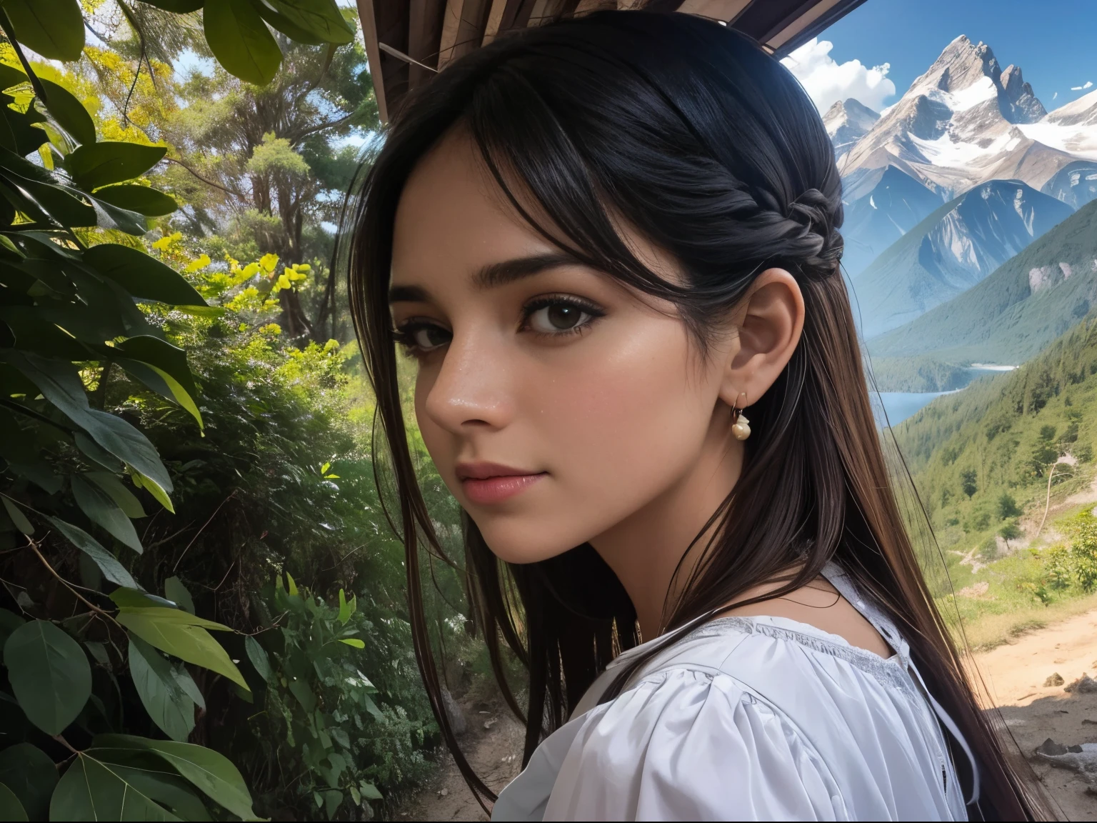 Uma garota velada senta-se em uma cadeira enquanto aprecia a vista das montanhas, Background Story, Natureza, Realidade real ,foco facial, detalhe do rosto,
