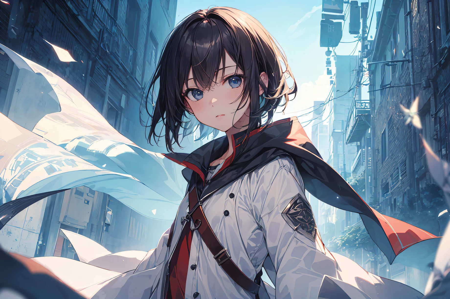((Photography image with double exposure, top quality, shinkai makoto style,ultra-detailed,high resolution,extremely detailed CG,unity 8k wallpaper, by famous artist, perfect anatomy, super detailed skin, cinematic lighting, UHD, retina, anatomically correct, 1080P)),break,(Please draw a picture with a double exposure of another world on the cloak of a flying wizard girl.
:1.3),break, 1girl, (Solo, face,13-year-old:1.5),androgynous charm, (Very Short hair), Full limbs, complete fingers,flat chest, Small butt, groin, Beautiful detailed black eyes, witch clothes, cloak,broom,(Detailed Lighting), (Detailed background),(Doubleexposure:1.1)