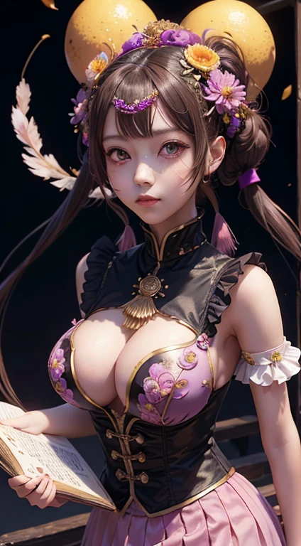 tmasterpiece, 1个Giant Breast Girl, mediuml breasts, Alone, Araragi Karen, hair adornments, Egg hair accessories, side ponytails, brunette color hair, Food themed hair accessories, fried eggs, looking at viewert, eggs (food), long whitr hair, (黑The eye:1.1), Purple skirt, Sleeveless, Pink shirt, homework, Books, holding pencil, pervert smirk