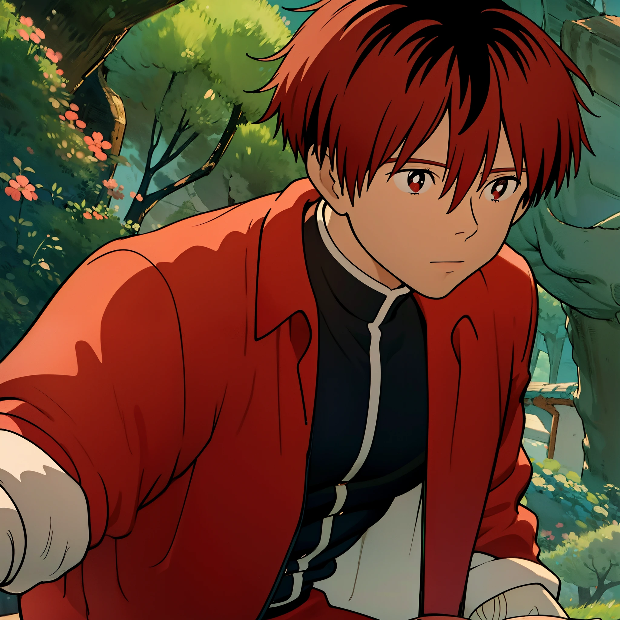 absurdres, 1boy, solo, StarkFrieren, red jacket, black shirt, white sash, black pants, bandages, gloves, outdoors, forest, standing, miyazaki hayao, ((masterpiece)), (extremely detailed), best quality, cinematic lighting, detailed background, beautiful detailed eyes, (an extremely delicate and beautiful), (Beautiful and detailed eye description), ultra-detailed