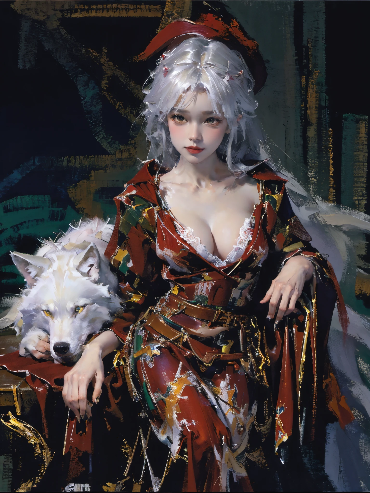 Describe the scene where the girl in red meets the wolf,(((white wolf))),Quiet and harmonious atmosphere,Dramatic composition,warm color palette,Many colors,Correct anatomy,Detailed faces, 詳細な目,(Girls wear:red shawl,Red Hat,laced dress,Red Hat, cloaks, Large bra, a skirt, Red dress,Carrying a basket of fruit),Background with:luring,natural lightting, Candy House,a fairy world,Close-up cleavage,Charming and sexy legs,((Sexual suggestiveness)),Correct anatomy,Detailed faces, 詳細な目,(post impressionist),(Fechin Oil Painting - Fechin Oil Painting , oil painted), 03