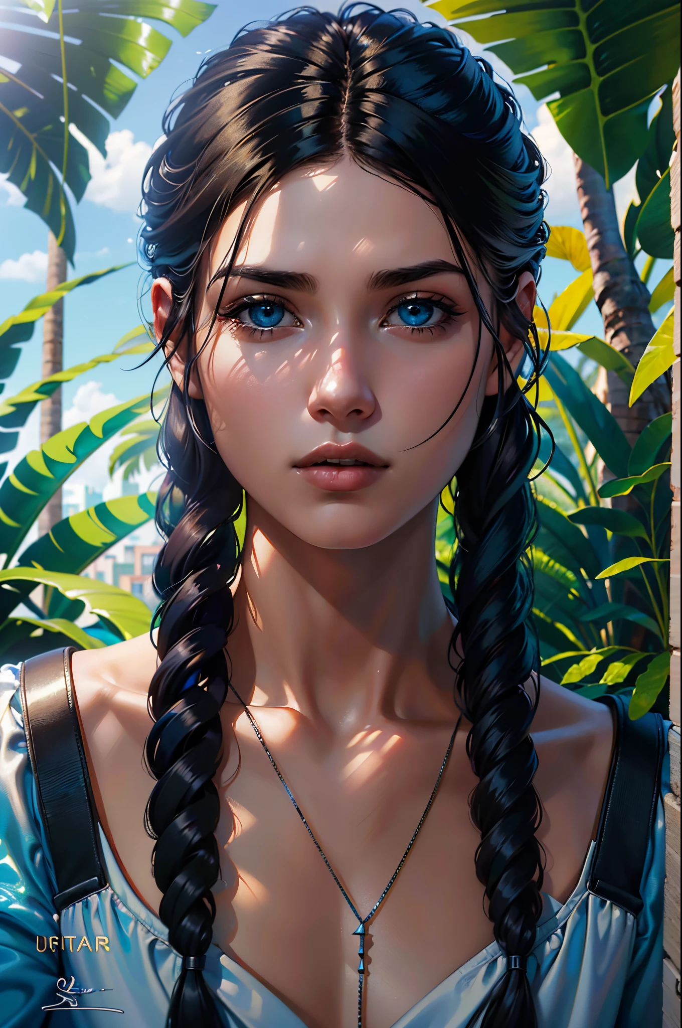 (arte conceitual), obra-prima, melhor qualidade, fotorrealista, foto crua 8k, uma fotografia de uma joven de 22 anos, cabelo preto,floresta tropical, blue skies, nuvens, estilo de sol-hamunaptra, DarkFantasy