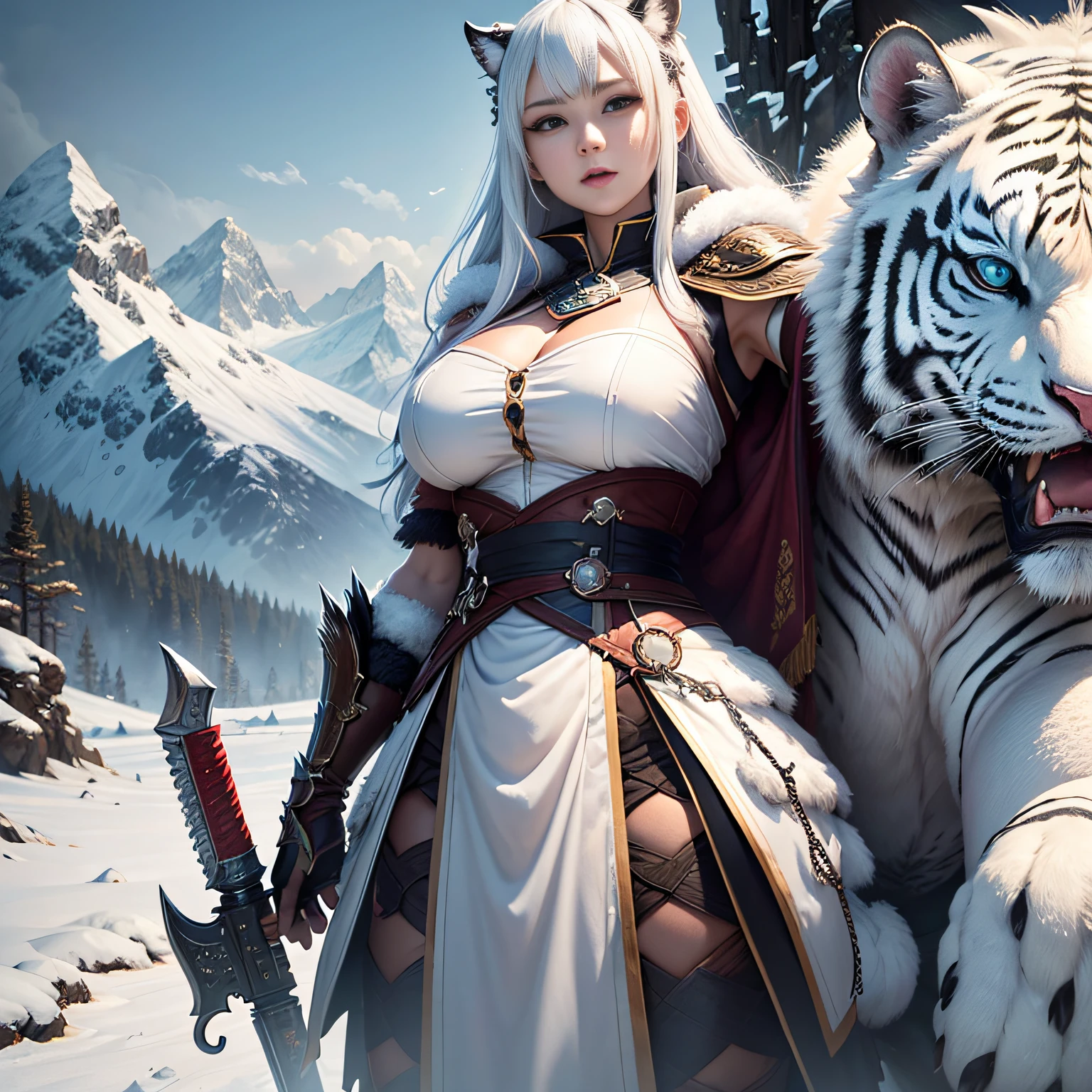 超A high resolution、An ultra-high picture quality、8K、Detailed details、marvelous expression、1 person woman、The white tiger monster is your buddy、Monster Hunter Character Costumes、Have a big weapon、Vast snowy mountain background、
