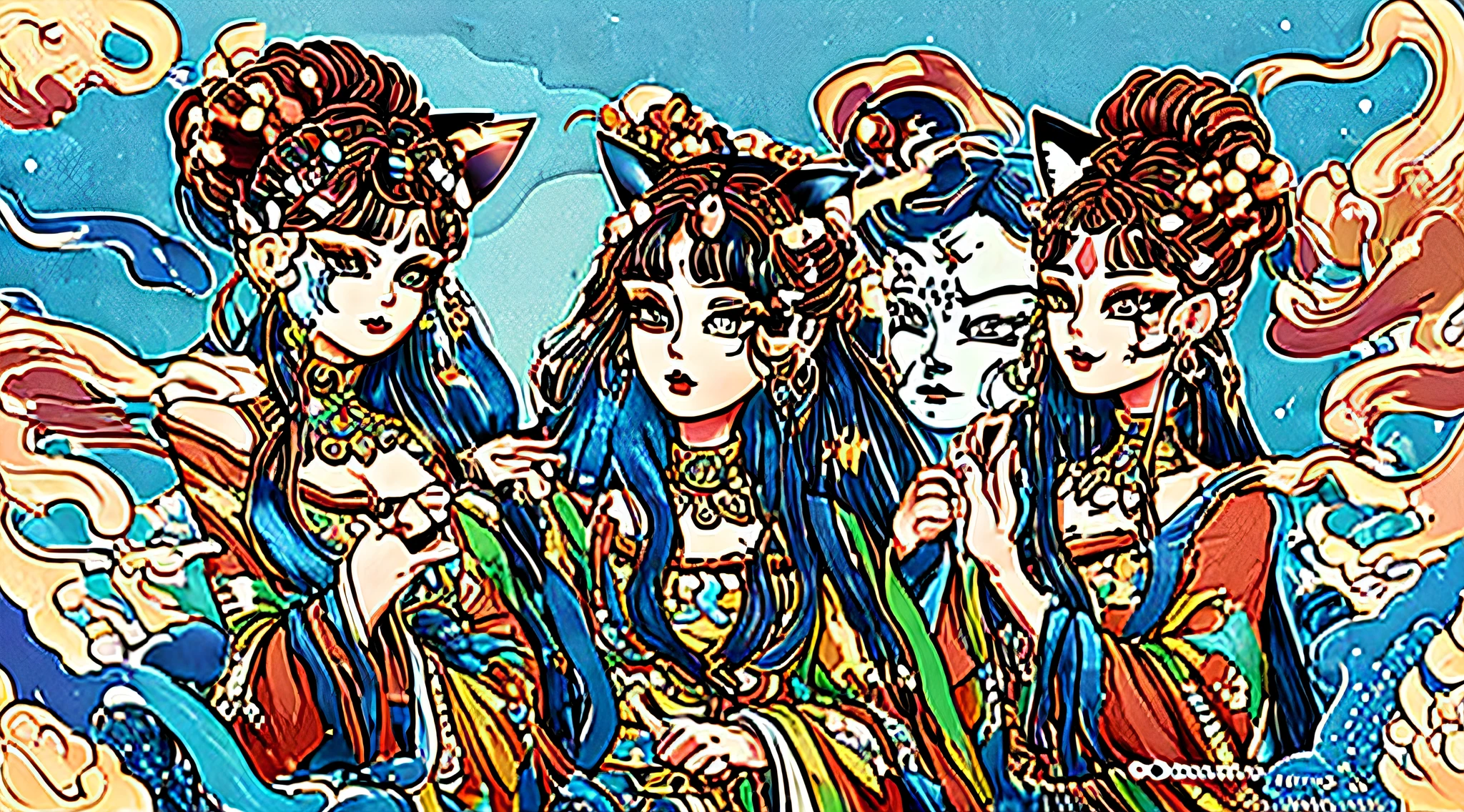 Two people with cat heads and human bodies，decorative style items， ornate border + concept-art, art illustration, coloring sheet, retro color art, National tide painting style，vibrant with colors，Full of imagination，There are colors