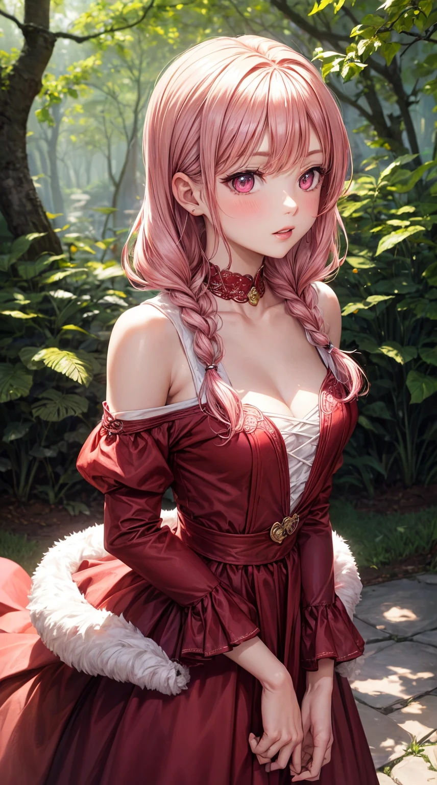 (masterpiece), best quality, expressive eyes, perfect face, upper body, beautiful face, mature woman, focused, beautiful eyes, crimson eyes, medium silver hair, small braids, elegant dress, magical forest background, front view, close up, pink lipstick, pink blush
