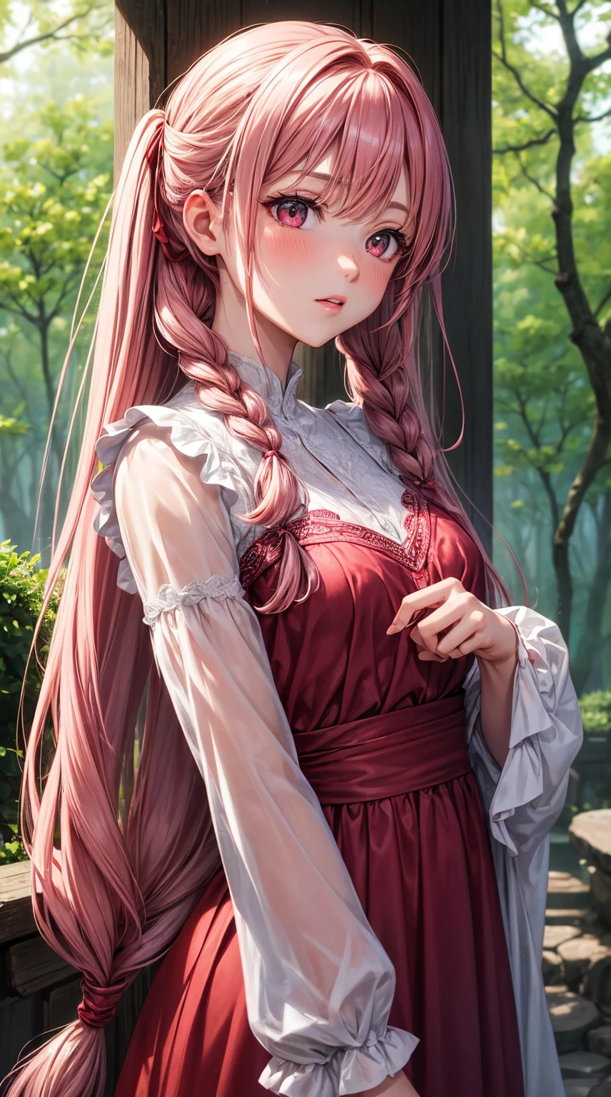 (masterpiece), best quality, expressive eyes, perfect face, upper body, beautiful face, mature woman, focused, beautiful eyes, crimson eyes, medium silver hair, small braids, elegant dress, magical forest background, front view, close up, pink lipstick, pink blush