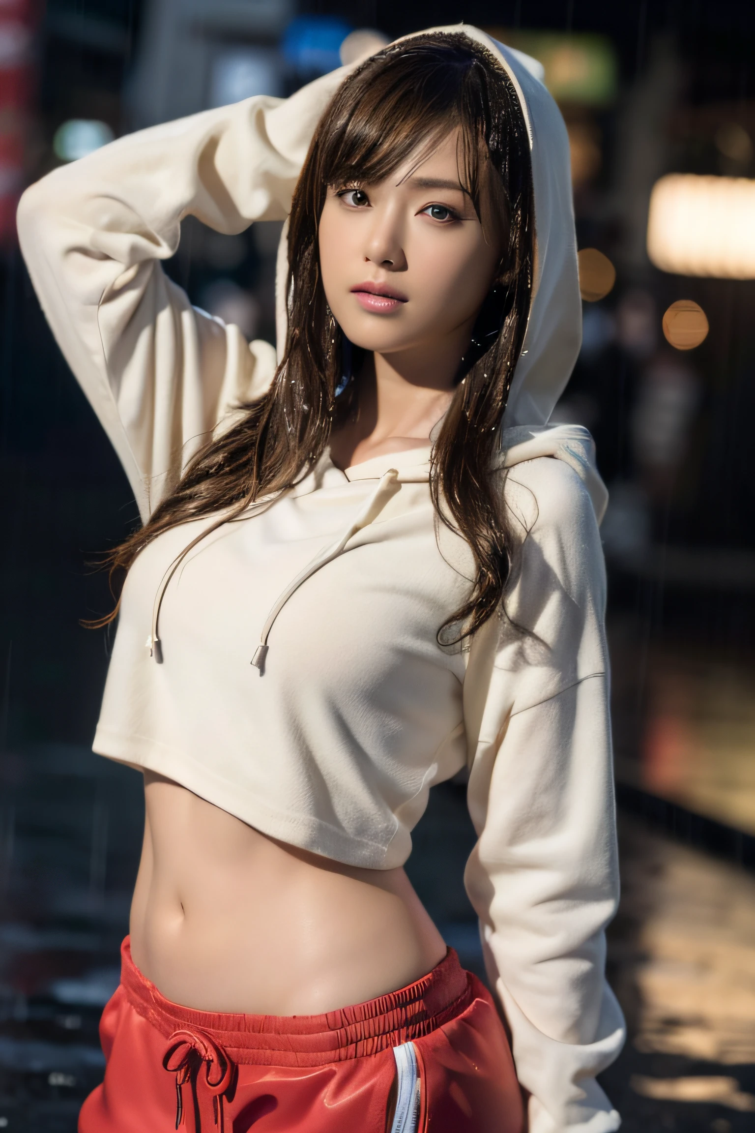 (masterpiece:1.2), ultra detailed, ultra high res, (realistic, photo realistic:1.37), high detail RAW color photo, professional photograph, an extremely delicate and beautiful, extremely detailed, 8k wallpaper, Amazing, finely detail, huge file size, extremely detailed beautiful girl, extremely detailed face, extremely detailed eyes, extremely detailed skin, extremely detailed fingers, highly detailed nose, highly detail mouth, Perfect Anatomy, Highly detailed background, (a famous actress of Japan:1.2), (gals:1.5), (flat chest:1.1), brown race, dark skin, (blonde hair:1.3), (heavy rain:1.3), (wet skin, wet hair, wet cloth:1.2), hoodie, hood up, (hot pants:1.2), downtown, dynamic lighting, full body, any pose, (midriff peek:1.2)