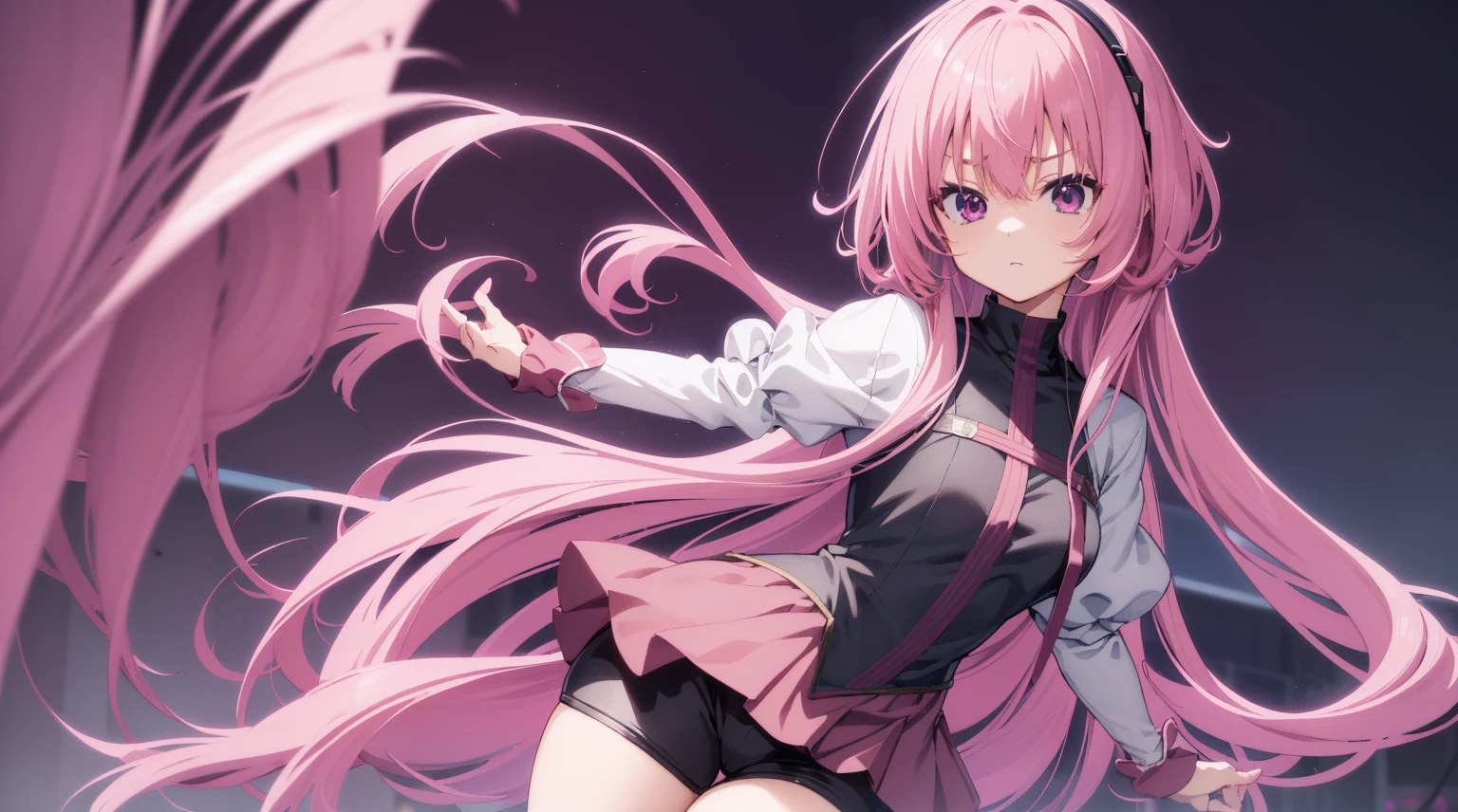 (mitsukasa ayas),(pink hair, black shorts):1.1,(anime girl):1.1,(holding a helmet),(best quality,4k,konachan wallpaper),(winner),(bluesy alley style),(badass anime),(8k),(pink eyes),(very detailed),(high detail eyes),(accurate ???????)