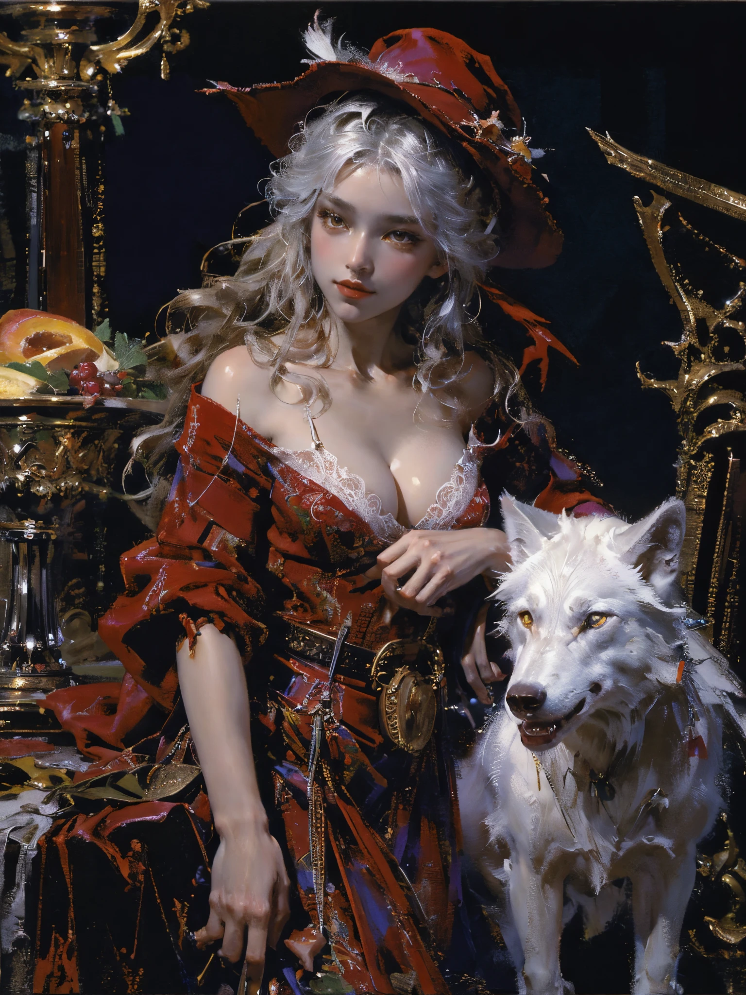 Describe the scene where the girl in red meets the wolf,(((white wolf))),Quiet and harmonious atmosphere,Dramatic composition,warm color palette,many color,Correct anatomy,Detailed faces, 詳細な目,(Girls wear:red shawl,Red Hat,laced dress,Red Hat, cloaks, Large bra, a skirt, Red dress,Carrying a basket of fruit),Background with:luring,natural lightting, Candy House,a fairy world,Close-up cleavage,Charming and sexy legs,((Sexual suggestiveness)),Correct anatomy,详细的脸, 詳細な目,(post impressionist),(Fechin Oil Painting - Fechin Oil Painting , oil painted), 01