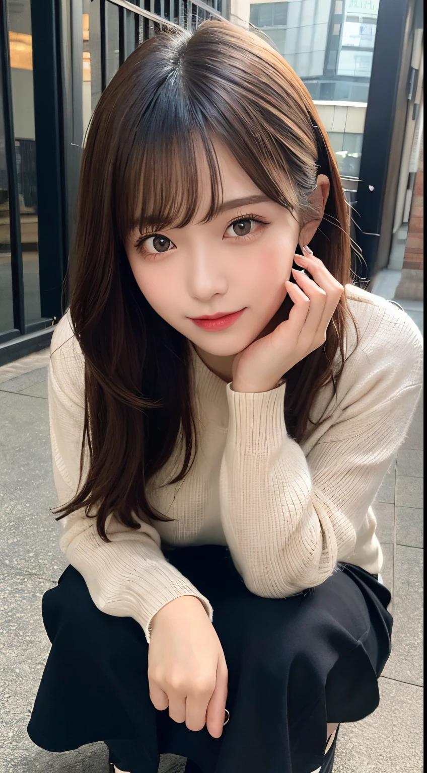 finely detail, hight resolution, hightquality、Perfect dynamic composition, Beautiful detailed eyes, Medium Hair, small tits 、Natural Color Lip, Squatting,Kamimei、Shibuya、college aged、1 persons、Transparent skin、Glowing hair、masutepiece, Best Quality, Illustration, Ultra-detailed, finely detail, hight resolution, 8K,Sweaters(Light brown)And long skirts(A black),Cheek cane with both hands,Anatomically correct condition,Cute