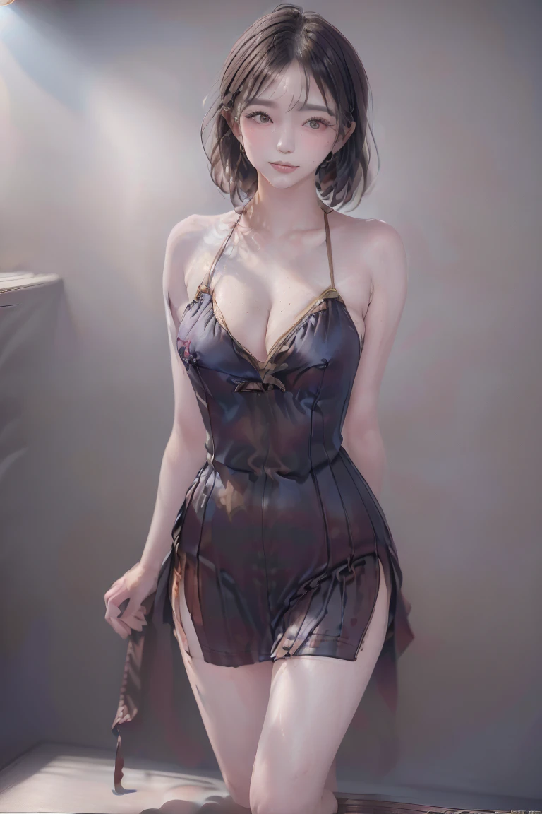(((1 Bobble Ponytail Girl:1.3, Solo))), Very pretty and beautiful Japan woman, (sexymodel), professional attire, (22 years old: 1.1), (From below:1.3), (low angles:1.3), (Ground Level Shots:1.3), ((girl on top:1.5)), (behind arms、fit derrier、Between the legs:1.3), (Attractive random poses:1.3), (Glass-enclosed shower room:1.3), Break HA, (Bobble Ponytail:1.3), (shiny black fine hair:1.2), Bangs, dark brown eyes, Beautiful eyes, Princess Eyes, Bangs, hair between eye, Short hair:1.3, curby, Abs, Perfect Abs, (Medium Large Breast:1.5, drooping chest:1.5, disproportionate-breasted:1.5), (thin waist: 1.15, Abs:0.95), (Detailed beautiful girl: 1.4), Parted lips, Red lips, Full Makeup Face, (Shiny skin), ((Perfect female body)), (Upper body image:1.3), Perfect Anatomy, Perfect proportions, (The faces of the most beautiful Korean actresses:1.3, Very cute and beautiful Japan actress face:1.3, Seductive light smile, Happy, BREAK, (Bare shoulder, Chest squeezed together, View Viewer, (insanely detailed luxury satin halter neck dress:1.3), detailed clothes, BREAK, (Simple shower room background:1.2, taking shower, Soap Bottle), (Dark background), (Studio Soft Lighting: 1.3), (Fake Lite: 1.3), (Backlight: 1.3), BREAK, (Realistic, Photorealistic: 1.37), (masutepiece, Best Quality: 1.2), (Ultra High Resolution: 1.2), (Raw photo: 1.2), (Sharp Focus: 1.3), (Face Focus: 1.2), (Ultra detailed CG unified 8k wallpaper: 1.2), (Beautiful skin: 1.2), (pale skin: 1.3), (hyper-sharp focus: 1.5), (Ultra Sharp Focus: 1.5), (Beautiful pretty face: 1.3), (hyper detailed background, Detail Background: 1.3), hyper realistic photography, Hyper Sharp Image, Hyper Detail Image,