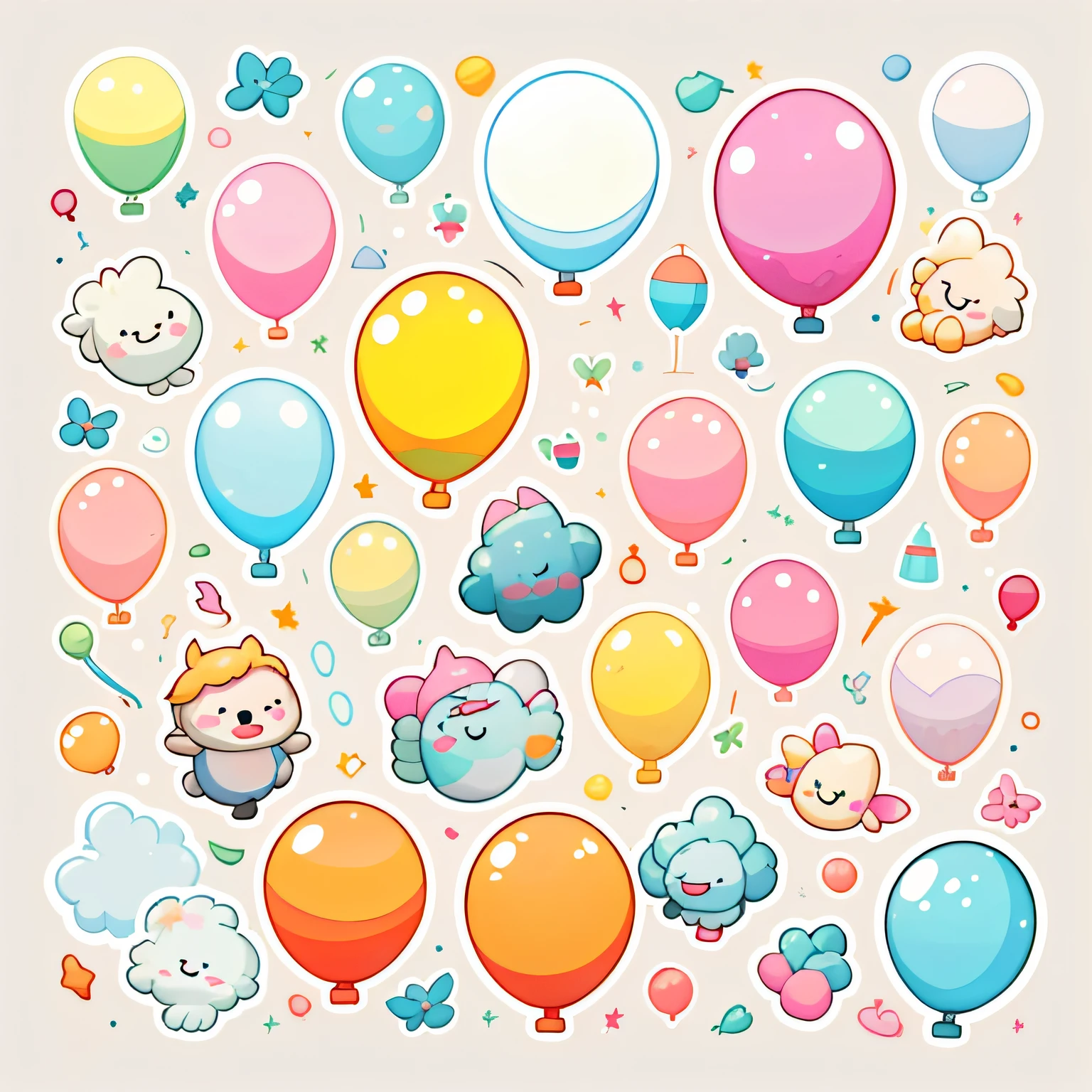 Individual stickers, 1sticker, (balloons)), white backgrounid, nothing background, simple backgound, dk, adolable, Small, pastel colour, vectorstyle, no gradien,