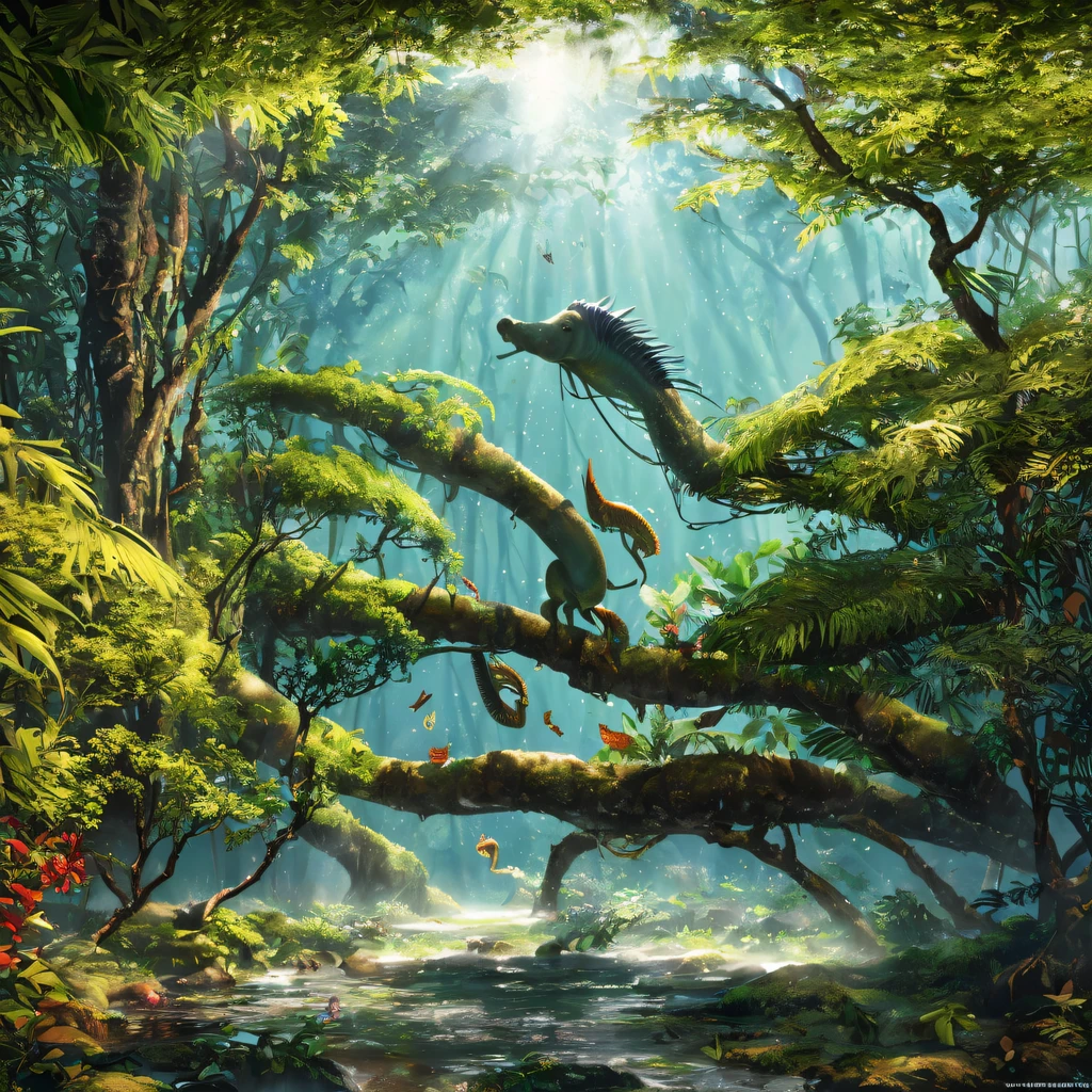 Futuristic ethereal seahorse，Sci-fi butterflies，future seahorse，sea horse，Futuristic jungle background，tmasterpiece，（Very detailed CG unified 8k wallpaper），（Best quality at best），（Best Best Illustration），（The best shadow），The background is a forest theme，With natural elements，flowers blooming，warm color palette，surrounded by exquisite leaves and branches，rays of sunshine，（nature elements），（Jungle theme），（leafs），grape trees，manatee，（exquisite leaves），（particle effect），isometric 3D，Rendered by Octane， Ray traching，ultra - detailed