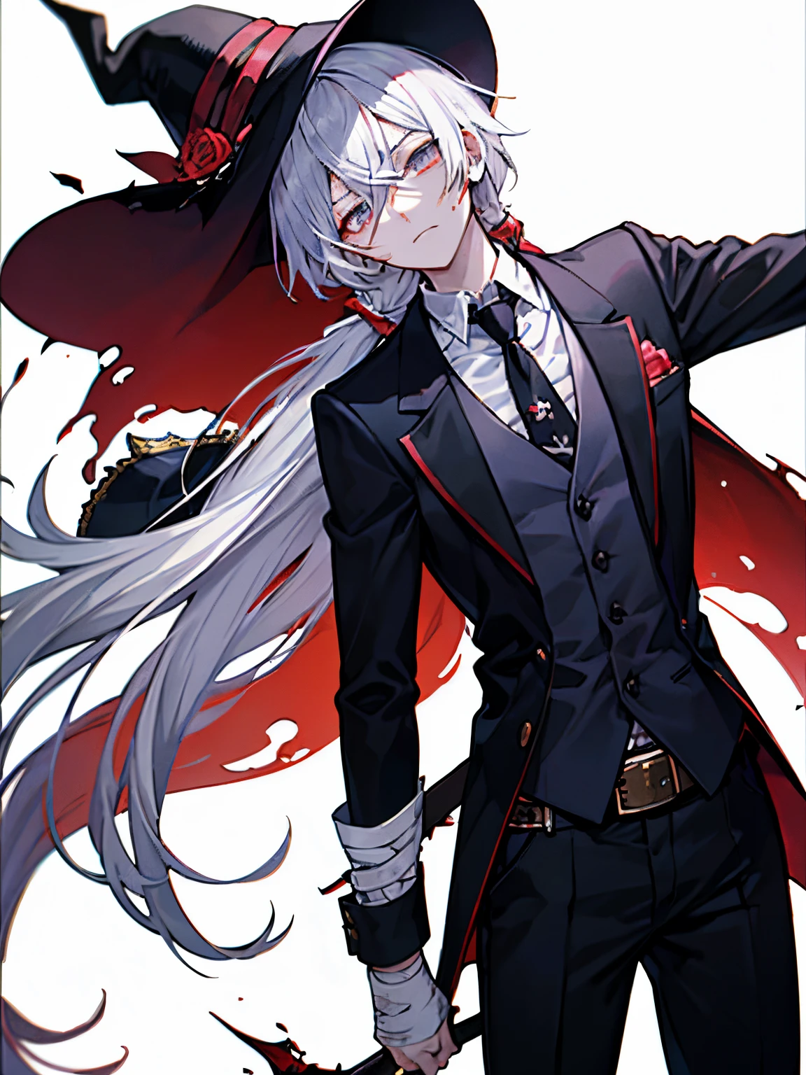 (masutepiece)(high-detail)Single male in his 20s、white hair、poneyTail、tailcoat、neck tie、Hats、Has an injury to the arm、Clothes are slightly torn、Somewhat bloody、bandaged、grim facial expression、Decadent atmosphere