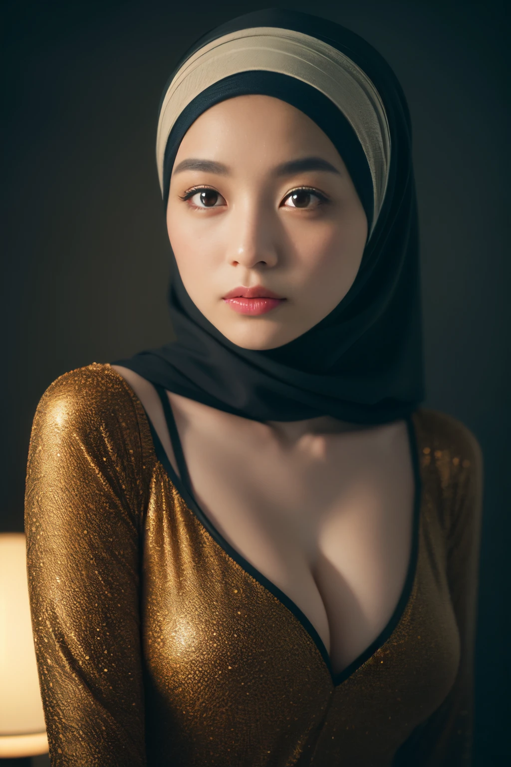 pajama, renaissance, javanese, (((hijabi))), cleavage, reflection light, chiaroscuro, depth of field, cinematic lighting, ray tracing, Sony FE GM, UHD, super detail, masterpiece, textured skin, high details, best quality, award winning,3D,hdr(HighDynamicRange),Ray tracing,NVIDIA RTX,Hyper-Resolution,Unreal 5,Subsurface scattering、PBR Texture、post-proces、Anisotropy Filtering、depth of fields、maximum definition and sharpness、Many-Layer Textures、Albedo e mapas Speculares、Surface coloring、Accurate simulation octane rendering of light-material interactions、Two-colored light、largeaperture、Low ISO、White balance、the rule of thirds、8K raw data