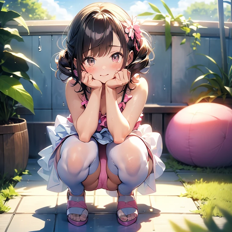 top-quality、masutepiece、cute fat 6 girl、Ruffled swimwear、White tights、Pink high heels、Write、armpit、Squatting、Wet、SEX、cum shots、tears、Inside the toilet