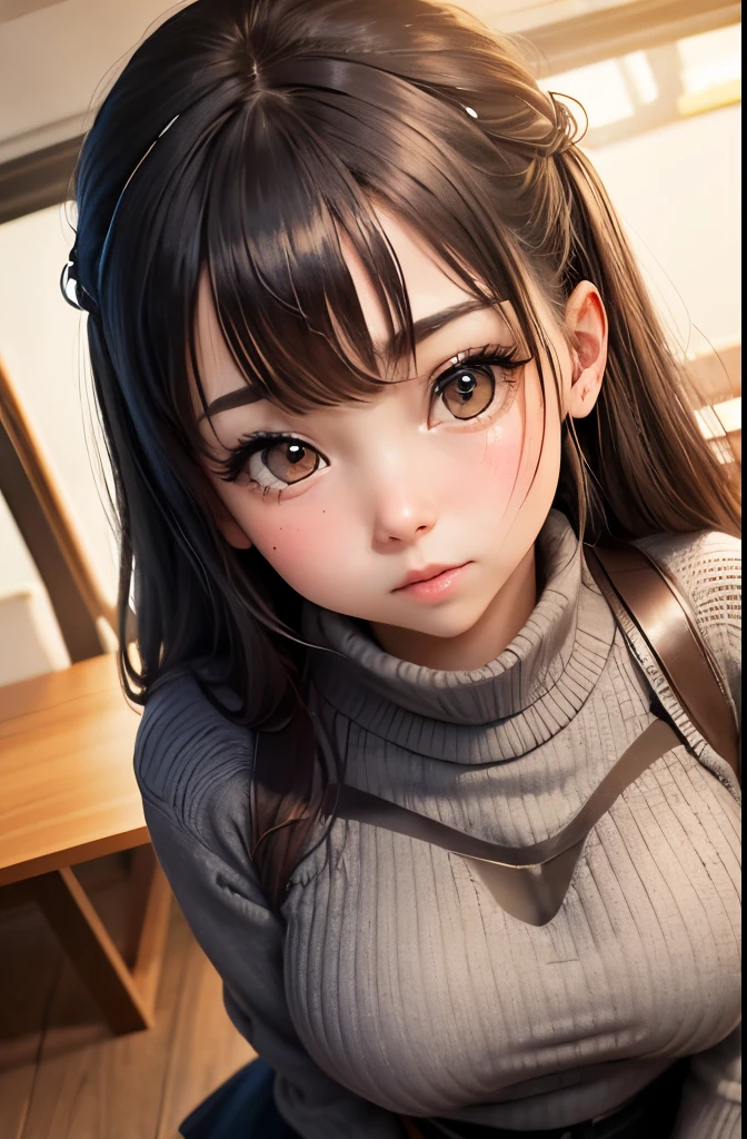 masutepiece, Best Quality, 1girl in, ((Looking at Viewer)), , Sweaters, Sweater skirts, Large breasts,Do-up、Angle from directly above、A detailed face、Moist eyes、Face looking up