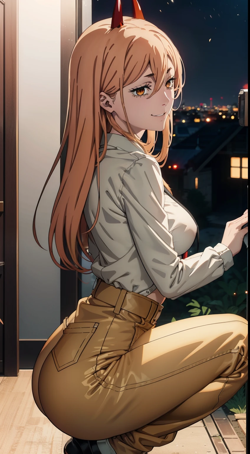 Sex, hooligan, Squatting, Sits, waist, legsupms, buttocks, 가슴, (Body Full 1.1), Sits, Camera from above, Frame from above, the night, Lights, hairlong, looks at the viewer, ssmile, grin, criminal, laughting, shirt unbuttoned, handsome body(Perfect Anatomy 1.1), medium chest size, bare breasts, madwoman, vulgar, Erotica, half naked, beautiful breasts, waist, bare buttocks, sexy body, hight resolution, 1girl, 独奏, hairlong, blonde woman, dangerous,vivid eyes,Yellow eyes, Odin, Mesmerizing eyes,Confident,superior, naughty, (power \(chainsaw man\),), red horns, Energy from a chainsaw, Red horns on the head (horns in the middle of the head), Cool anime 8K, Clean and detailed anime art, 4K Manga Wallpapers, PFotoportrait, in full height (Body Full 1.1.), Beautiful figure, a 1girl, facing the viewer, Beautiful figure (Proper Anatopy 1.1.), in full height (Body Full 1.1), Slim, Slender figure, Slender figure, shapely legs, leather pants, Anime style, short white jacket, tight black suit, Cutouts on the shoulders, Cutouts on the chest, Skinny black leather pants, Very detailed face, Very beautiful face, Very sexy ass, in full height (Body Full 1.1),