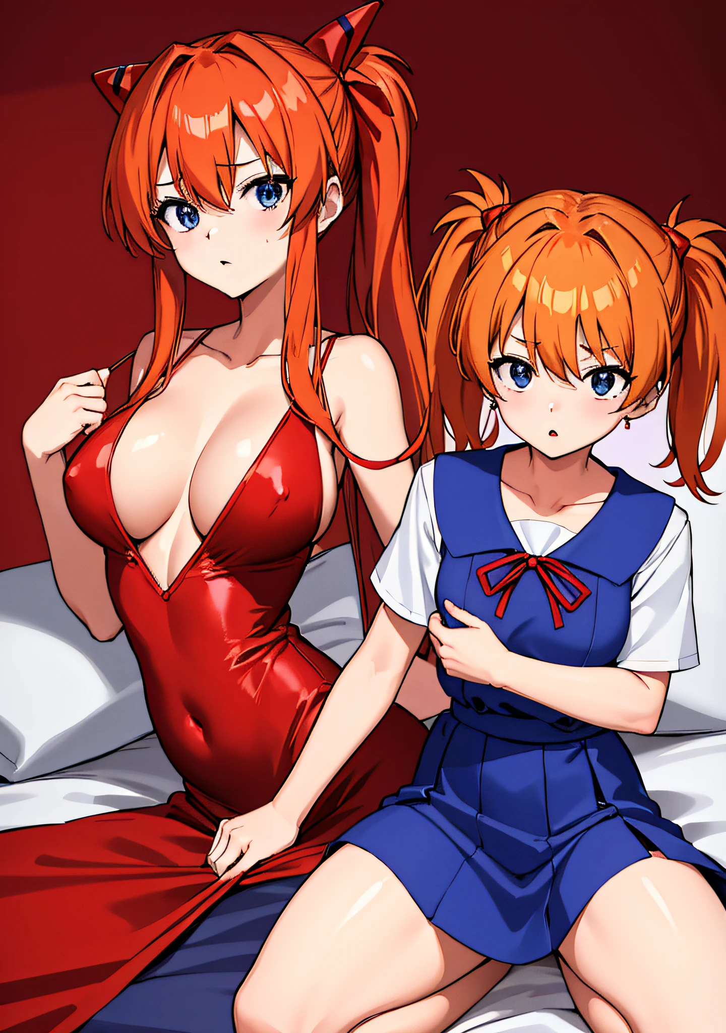 (masutepiece),(Best Quality), Asuka Langley Soryu,Blue eyes,hair between eye,headware,Interface headset,Orange hair,Red Ribbon、bow ribbon、skirt by the、Red slip dress、Slip Dress、Full Moon Night、Tokyo No. 3 Middle School Uniforms 、Colossal tits,Seductive underwear、Open legs in bed、The chest is visible、 Spread your crotch、Persistent stare, Sharp eyes, sexy langeries
