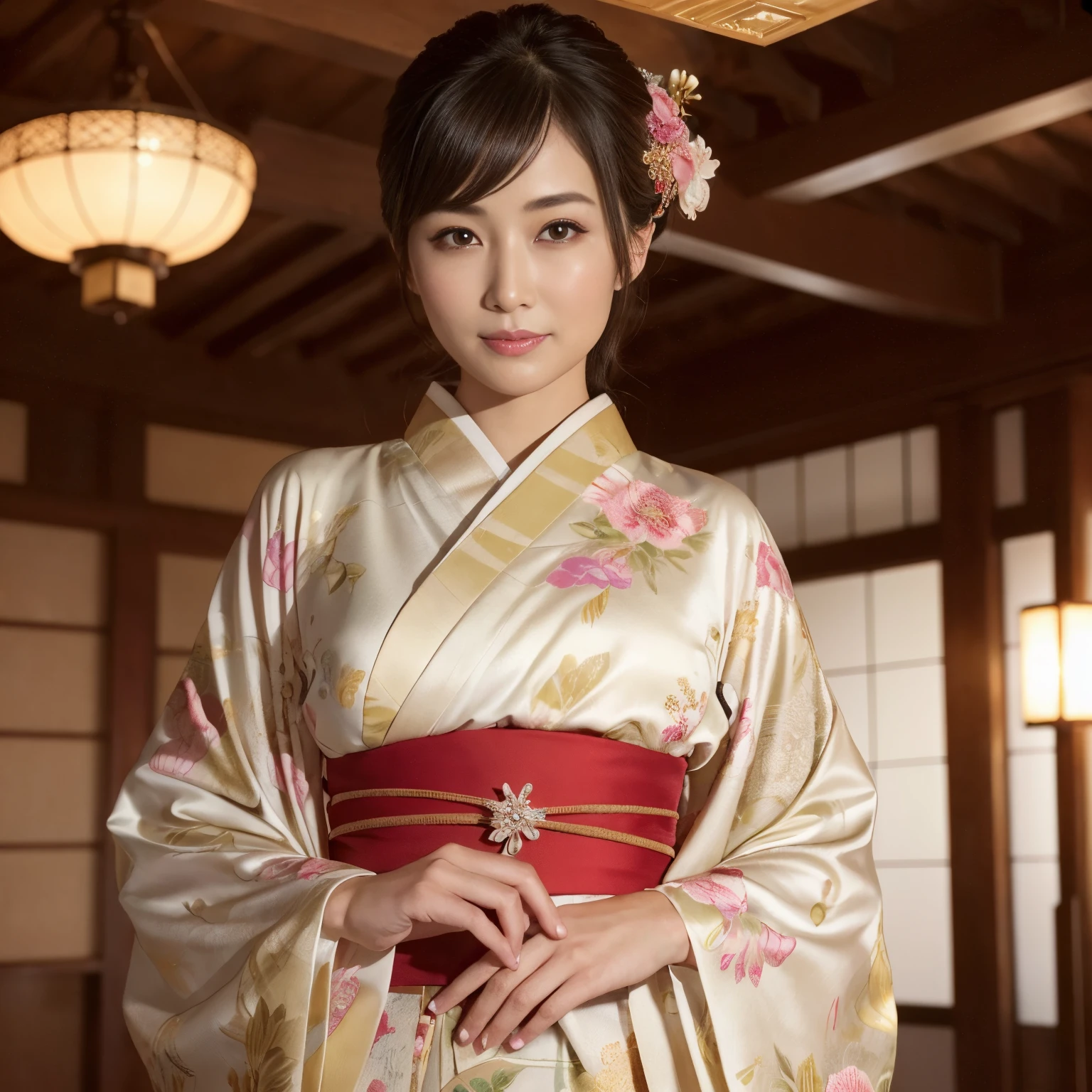 ((Best Quality, masutepiece, 超A high resolution、The most complex and detailed depictions))、1人の女性、wearing a luxurious kimono、Japanese-style elegant kimono、Elegant standing figure、standing elegantly、Bright kimono、Photographing from the waist up、Staring at me、Perfect camera gaze、Sad smile、mournful、A detailed face、perfect anatomia、Elegantly styled hair、Elegant hairpin、natural make up、A detailed face、face perfect、Beautiful fair skin、perfect shiny skin and hair、The background is an elegant Japanese room