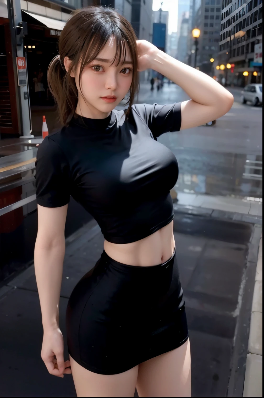 Tight leather skirt, Wear a tight-fitting gray shirt, ((Short hair details,The hair is neat,horse tailed)),16 year old asian girl,(Breasts are super swollen,Exaggerated large breasts,swollen breasts, Bigchest,super gigantic breasts),(Full body clothing supported by breasts),超高分辨率, Movie Angle, profesional lighting, Best quality, tmasterpiece, High-resolution background,realistically,Super smooth fabric texture,Clothes do not wrinkle,No Hair Ornaments,Detailed faces,8K facial details,big chest and thin waist, Buttock fat,short hair ponytail,Ultra-thin waist,The hair is not decorated,The expression is uncomfortable,shyexpression,Snow-whiteskin,Smooth clothes,Clothes do not wrinkle,