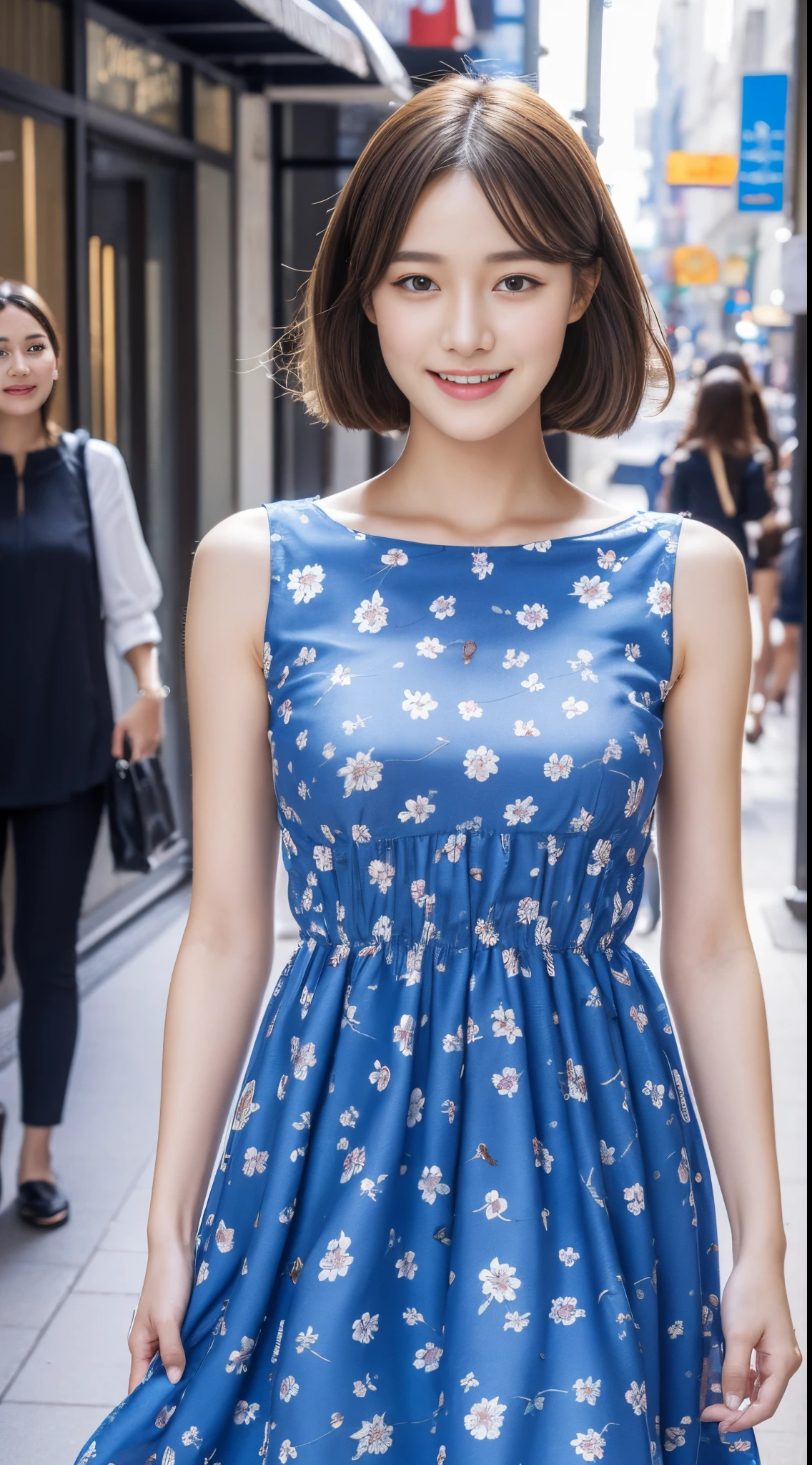Walk the streets of the city,One lady、 Bandeau Dress, Wearing long gorgeous clothes, She is wearing a long dress with a blue floral pattern., shopping, In the city, highly detailed beautiful girl, Highly detailed face, Highly detailed eyes, highly detailedskin, extremely detailed fingers, highly detailed nose, very detailed detailed mouth、Smile a little