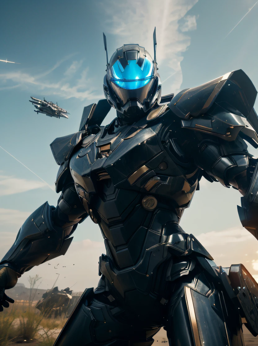 (top-quality、masterpiece、ultra-detailliert、hight resolution、realisitic、Photorealsitic、extremely delicate and beautiful、amazing fine details、The best illustrations、Dramatic Lighting、foco nítido)、Focus on the face、3/5 shots、beautiful young woman with、((full face helmet、Black Reinforced Armor Suit、armored gloves))、looking at the viewers、battle posture、a science fiction film、Dark blue eyes、Bob Blonde、serious faces、Sharp eyes、Realistic face resolution、realisitic、The background is the battlefield、Spacecraft in the sky、Bullets fly around、Dynamic action