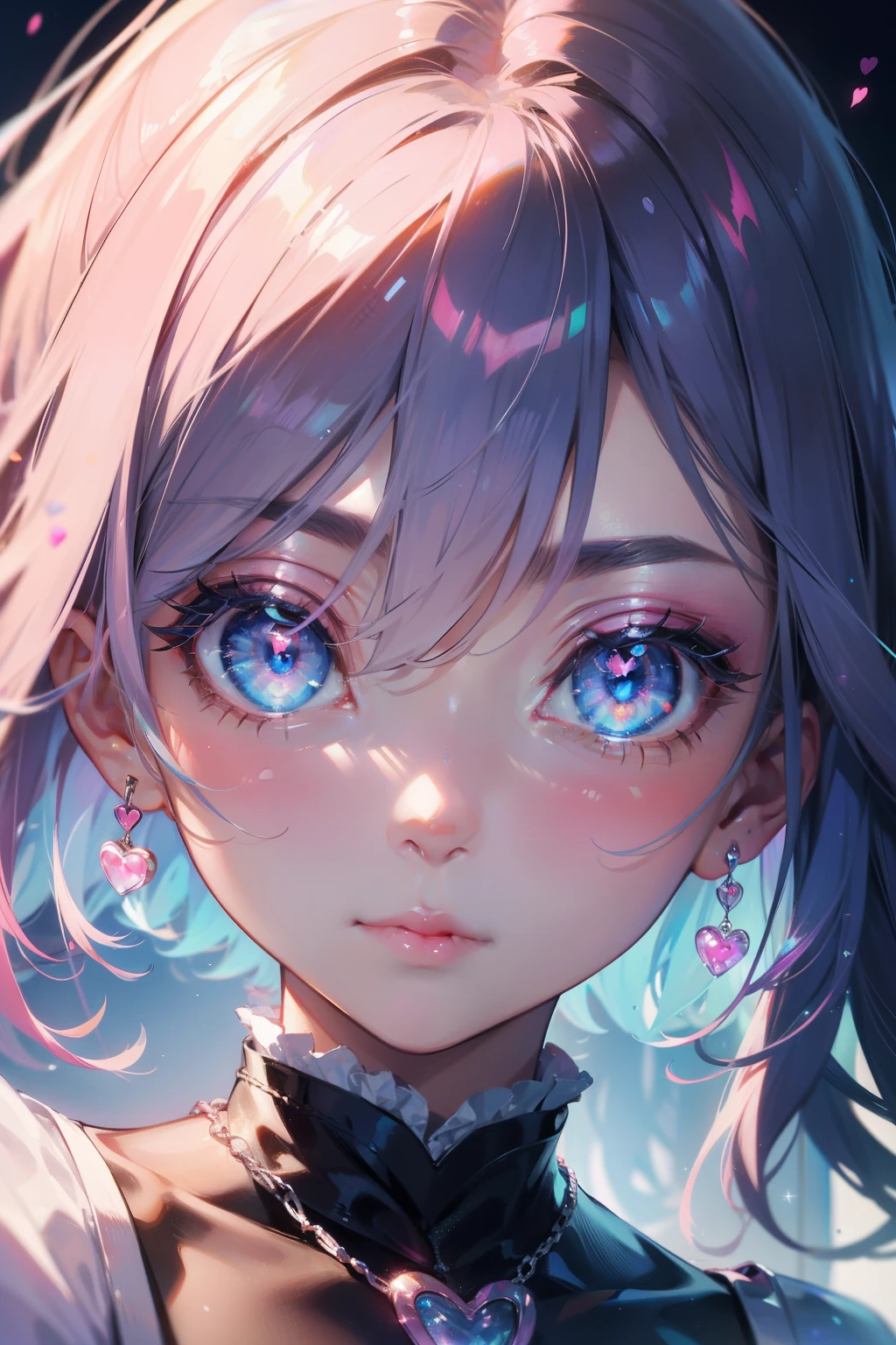 1 girl, Blue eyes, There's a heart in your eyes、eyes close up, pink reflections,
